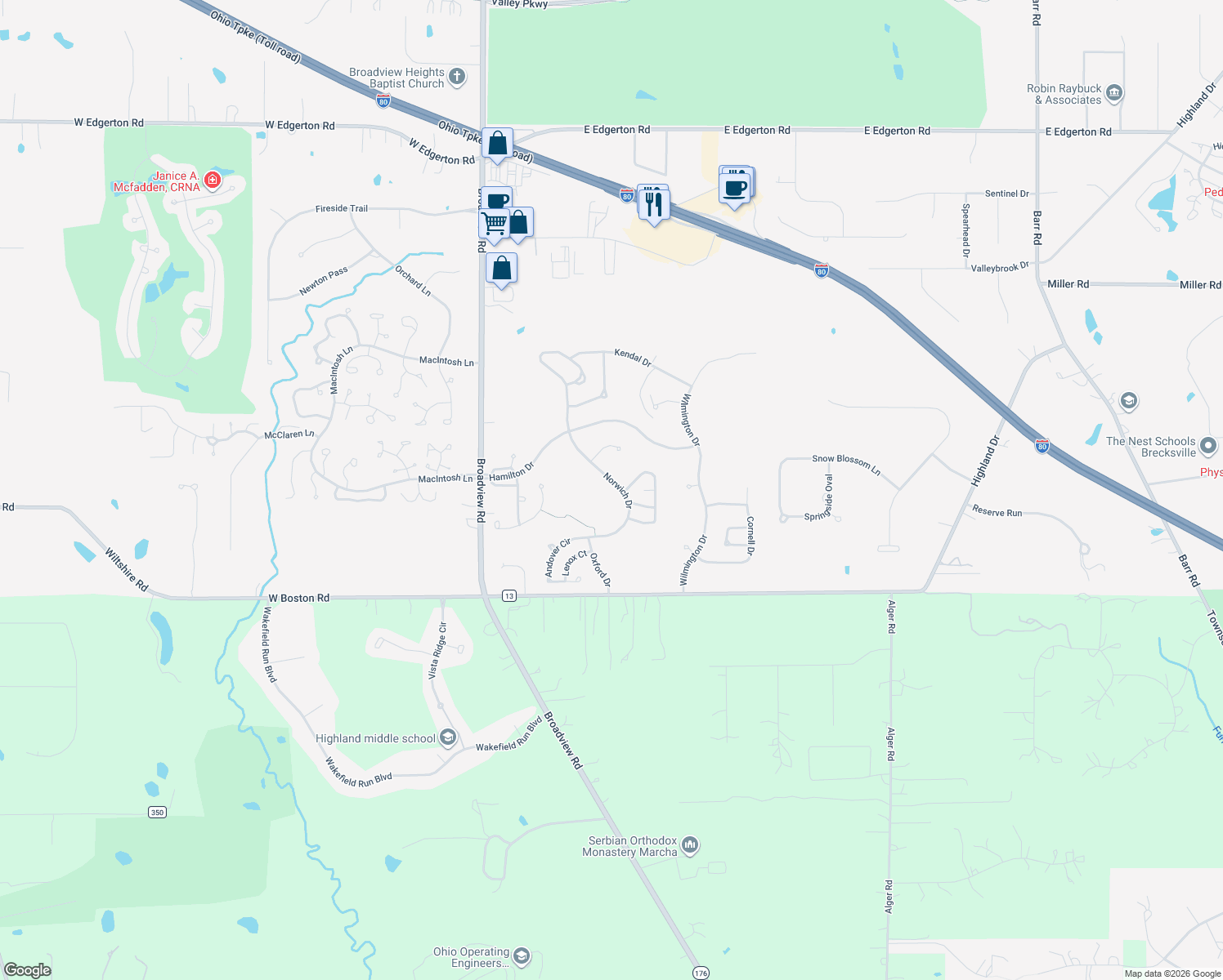 map of restaurants, bars, coffee shops, grocery stores, and more near 444 Norwich Dr in Broadview Heights