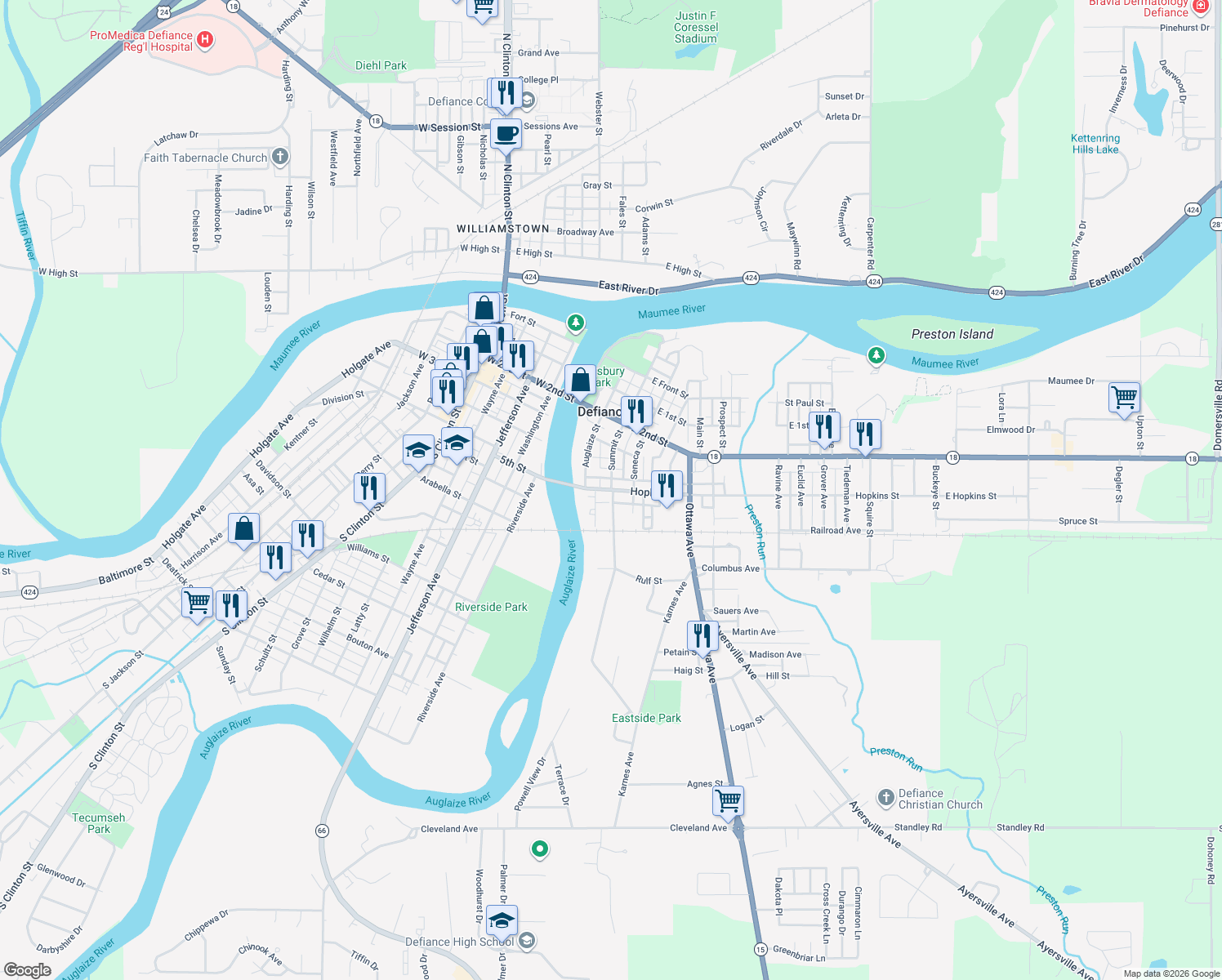 map of restaurants, bars, coffee shops, grocery stores, and more near 498 Summit St in Defiance
