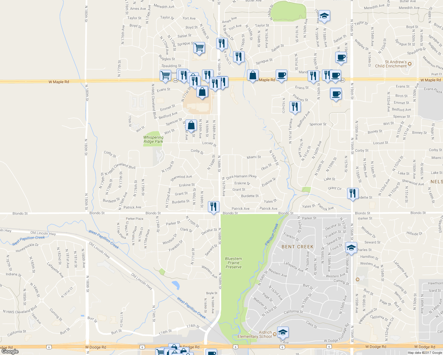 map of restaurants, bars, coffee shops, grocery stores, and more near 16752 Dora Hamann Parkway in Omaha