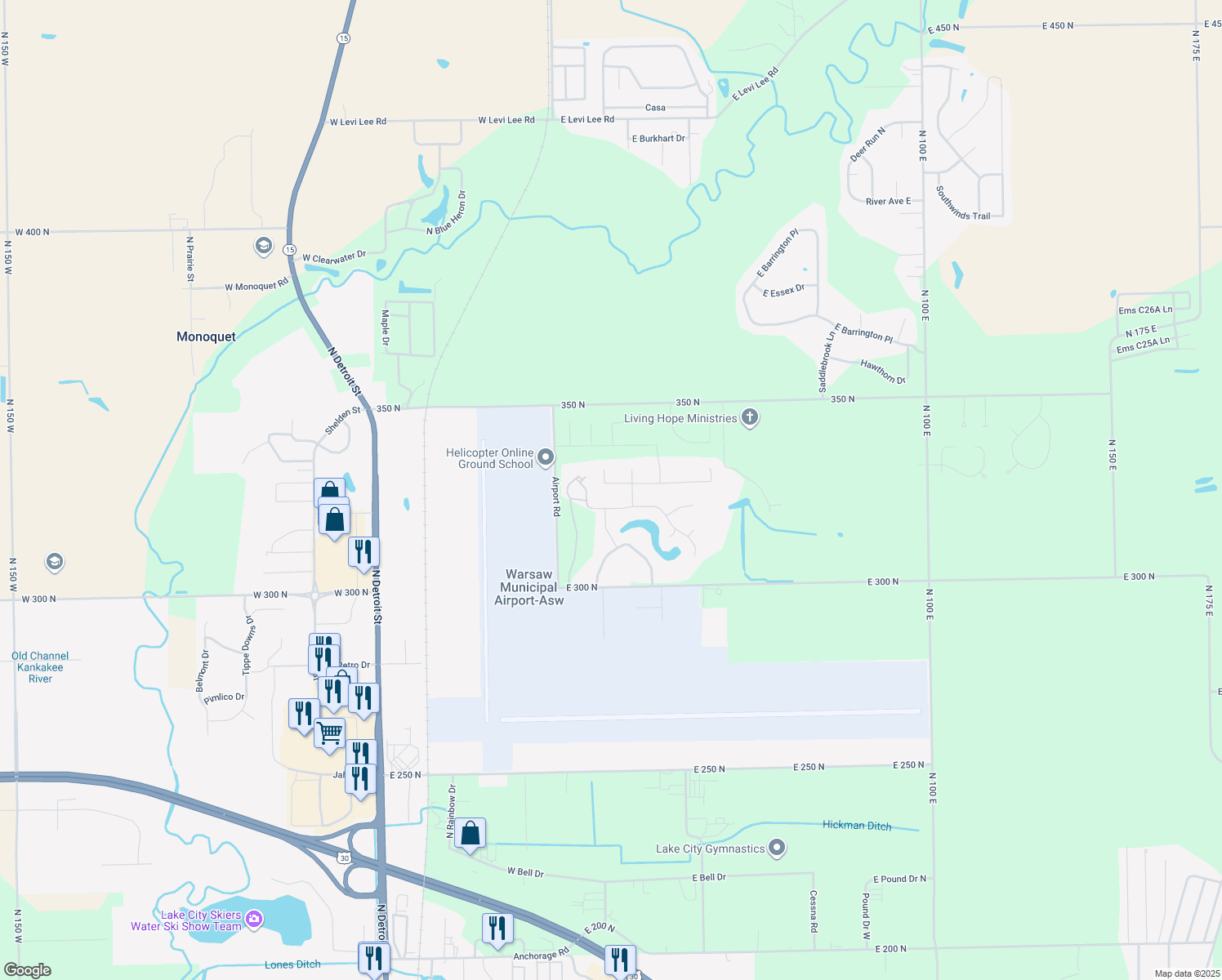 map of restaurants, bars, coffee shops, grocery stores, and more near 139 East Birchwood Court in Warsaw