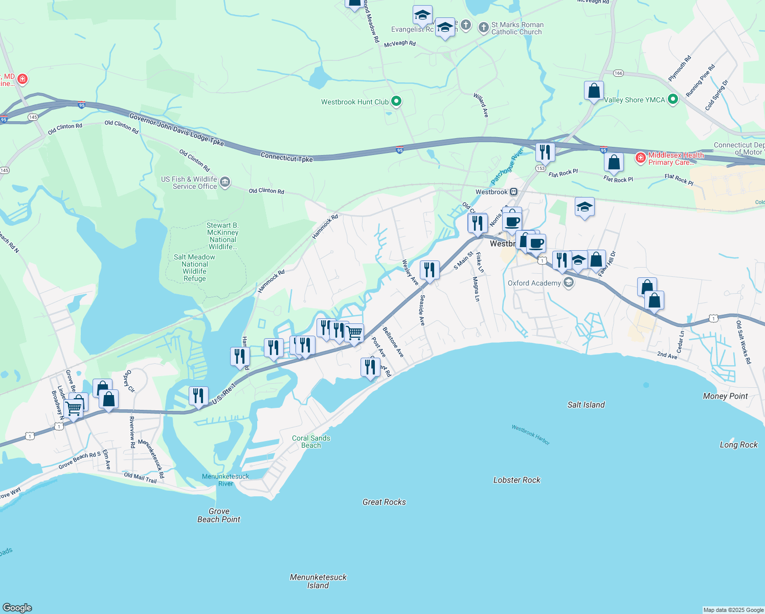 map of restaurants, bars, coffee shops, grocery stores, and more near 866 Boston Post Road in Westbrook