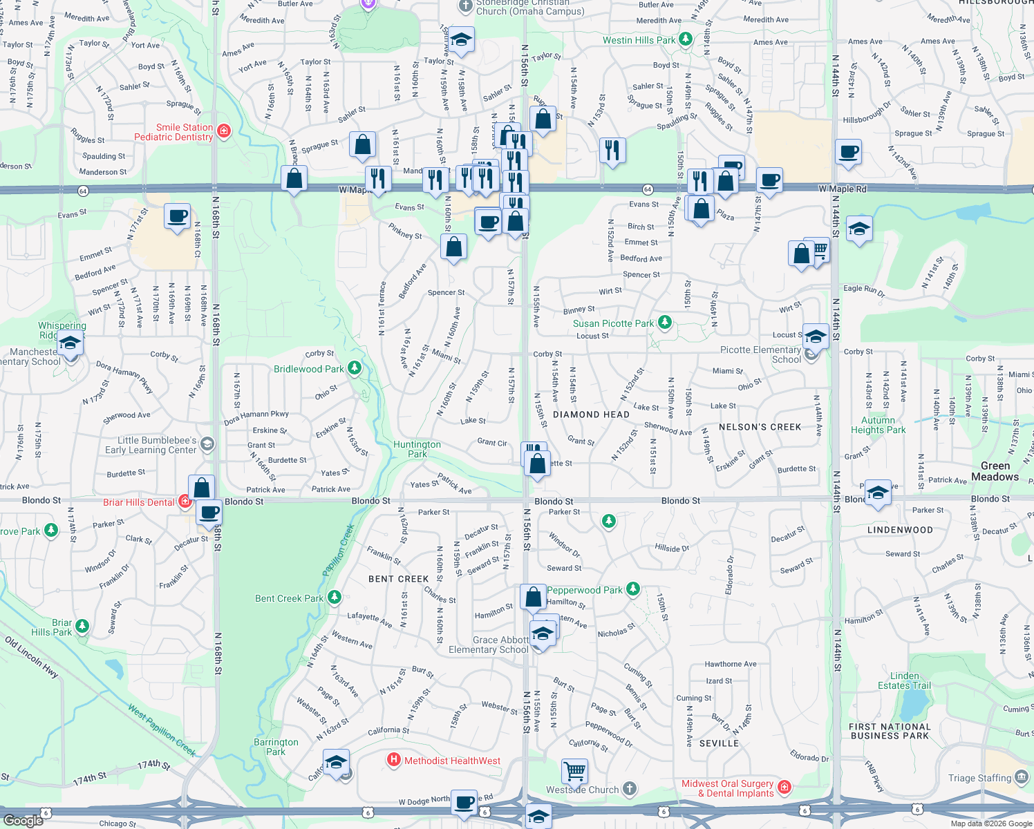 map of restaurants, bars, coffee shops, grocery stores, and more near 2505 N 157th St in Omaha