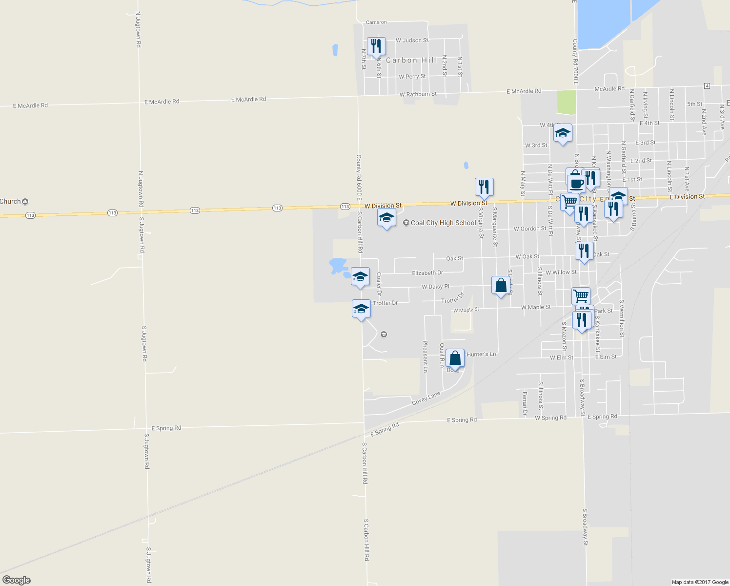 map of restaurants, bars, coffee shops, grocery stores, and more near 813 West Daisy Place in Coal City