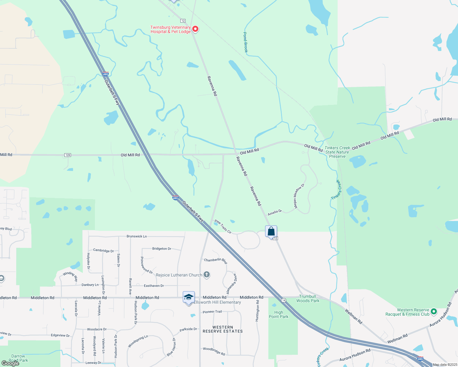 map of restaurants, bars, coffee shops, grocery stores, and more near 8227 Stow Road in Hudson