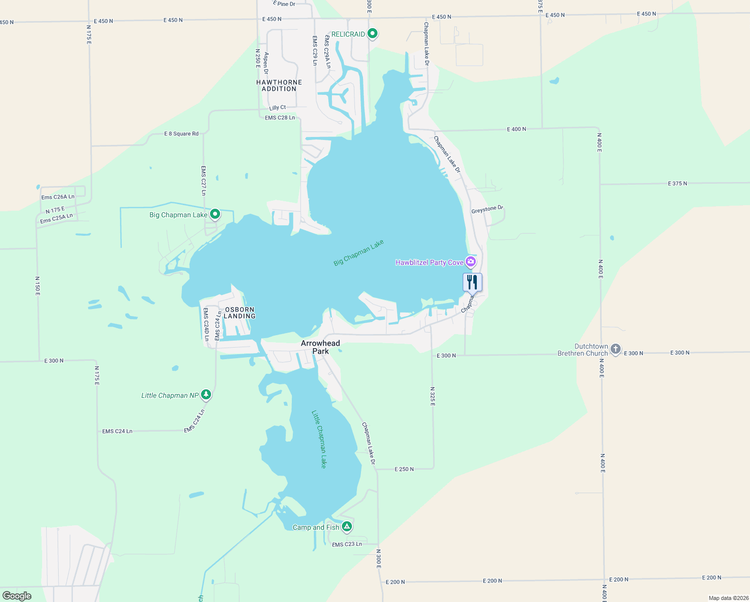 map of restaurants, bars, coffee shops, grocery stores, and more near 100 Lake St in Warsaw