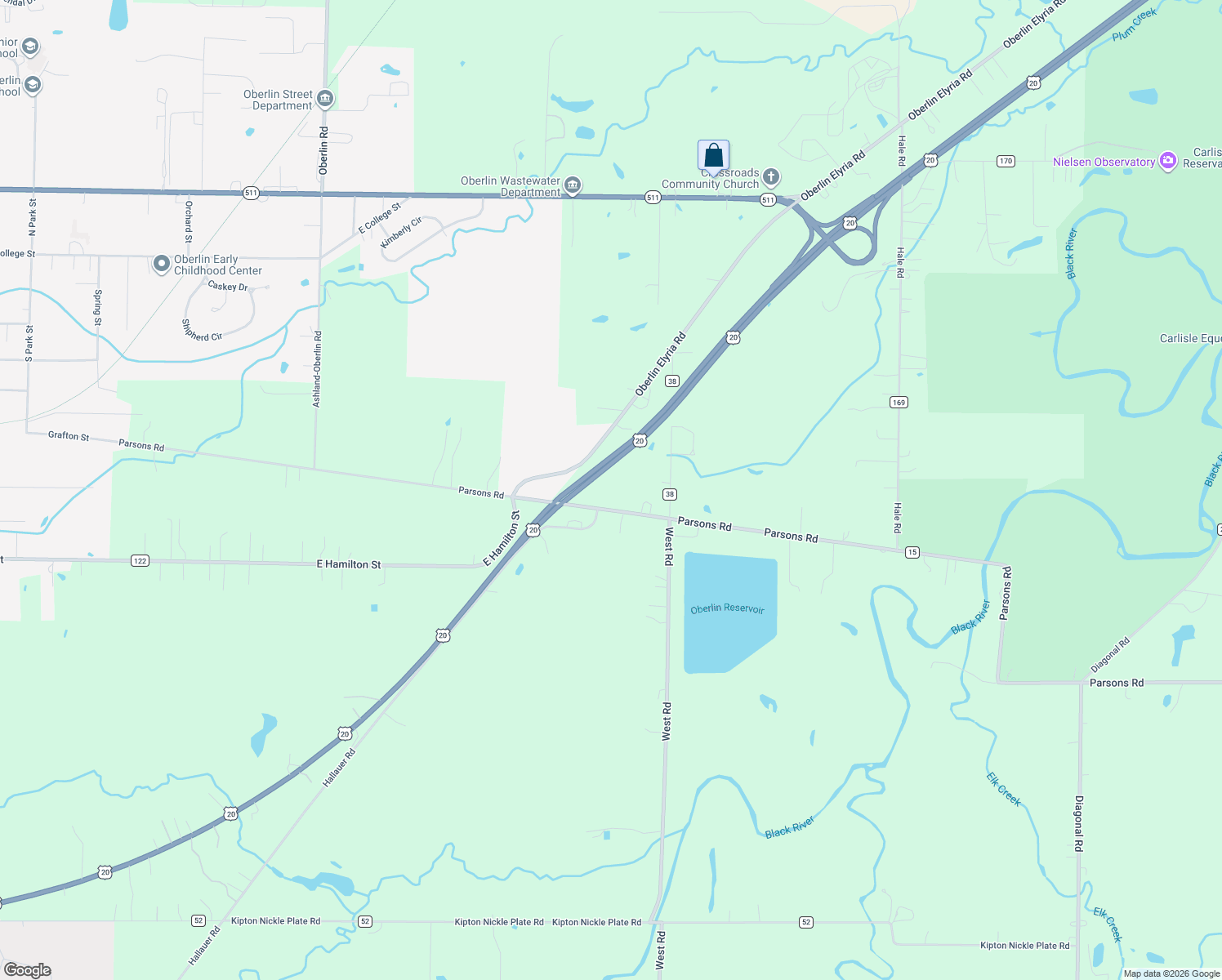 map of restaurants, bars, coffee shops, grocery stores, and more near 44180 Parsons Rd in Oberlin