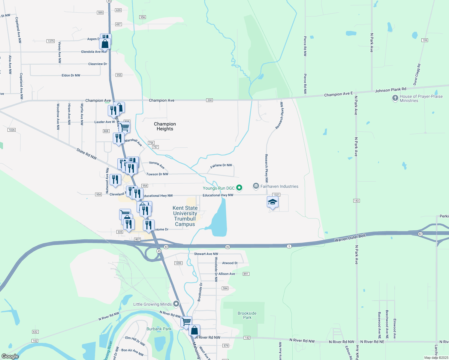 map of restaurants, bars, coffee shops, grocery stores, and more near 526 Towson Dr NW in Warren