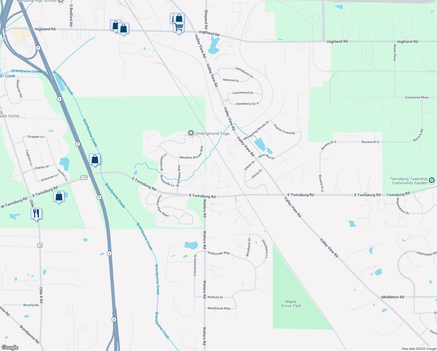 map of restaurants, bars, coffee shops, grocery stores, and more near 7686 Creekside Parkway in Macedonia
