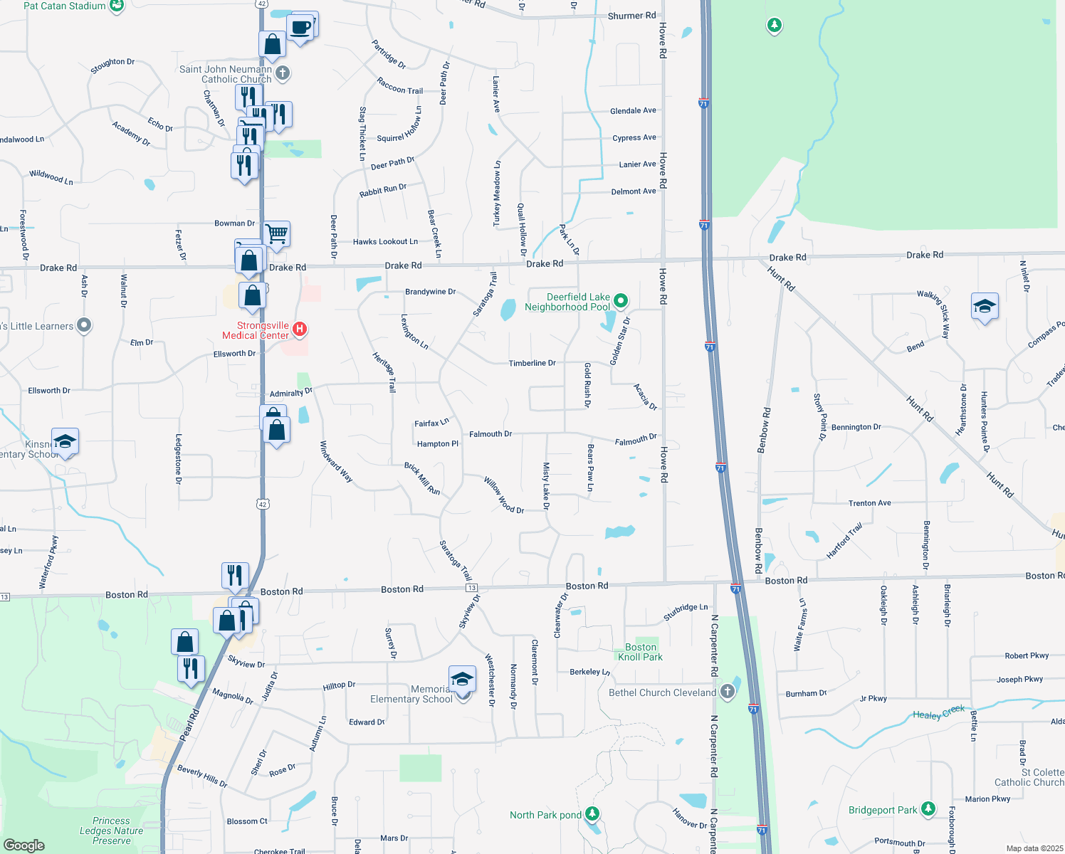 map of restaurants, bars, coffee shops, grocery stores, and more near 16938 Falmouth Drive in Strongsville