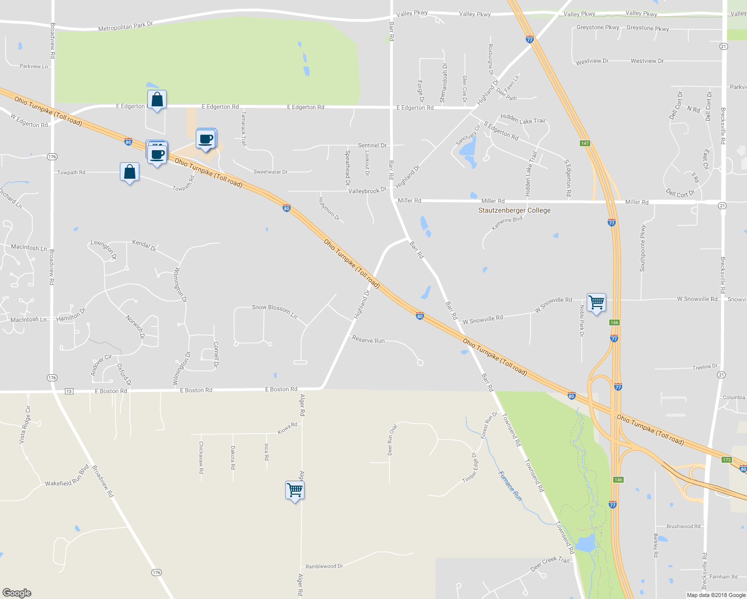 map of restaurants, bars, coffee shops, grocery stores, and more near 10207 Highland Drive in Brecksville
