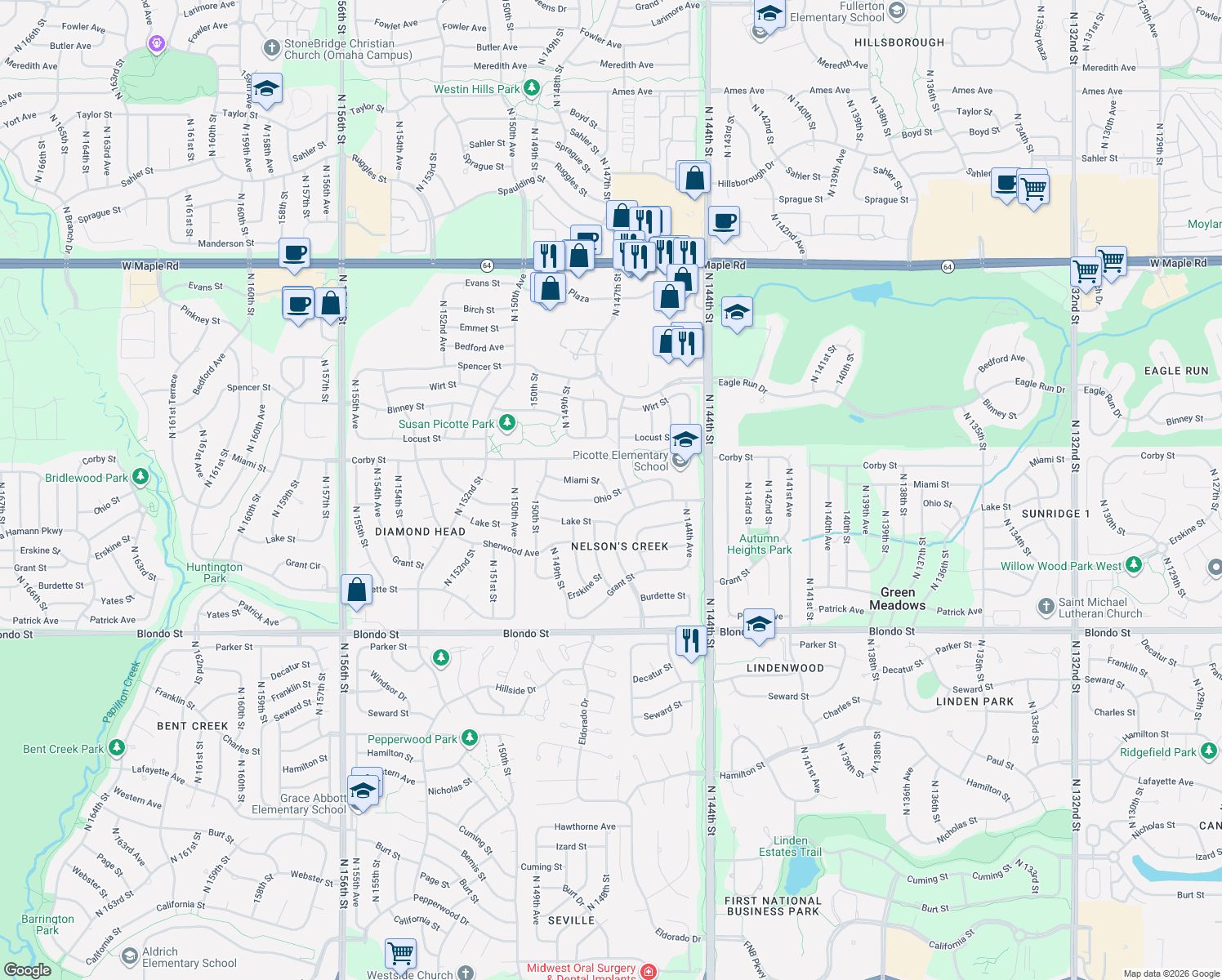 map of restaurants, bars, coffee shops, grocery stores, and more near 14566 Ohio St in Omaha