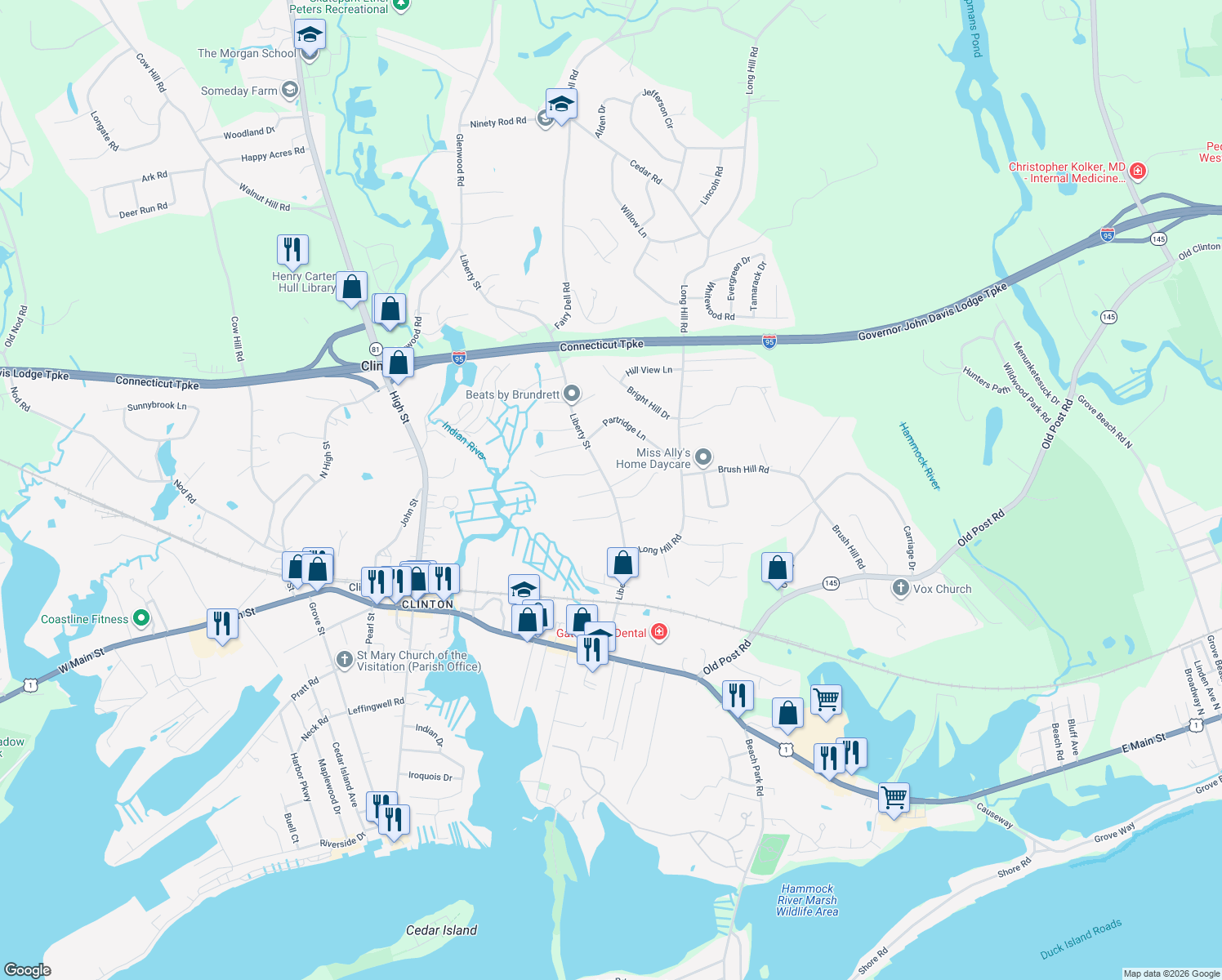 map of restaurants, bars, coffee shops, grocery stores, and more near 50 Liberty Street in Clinton