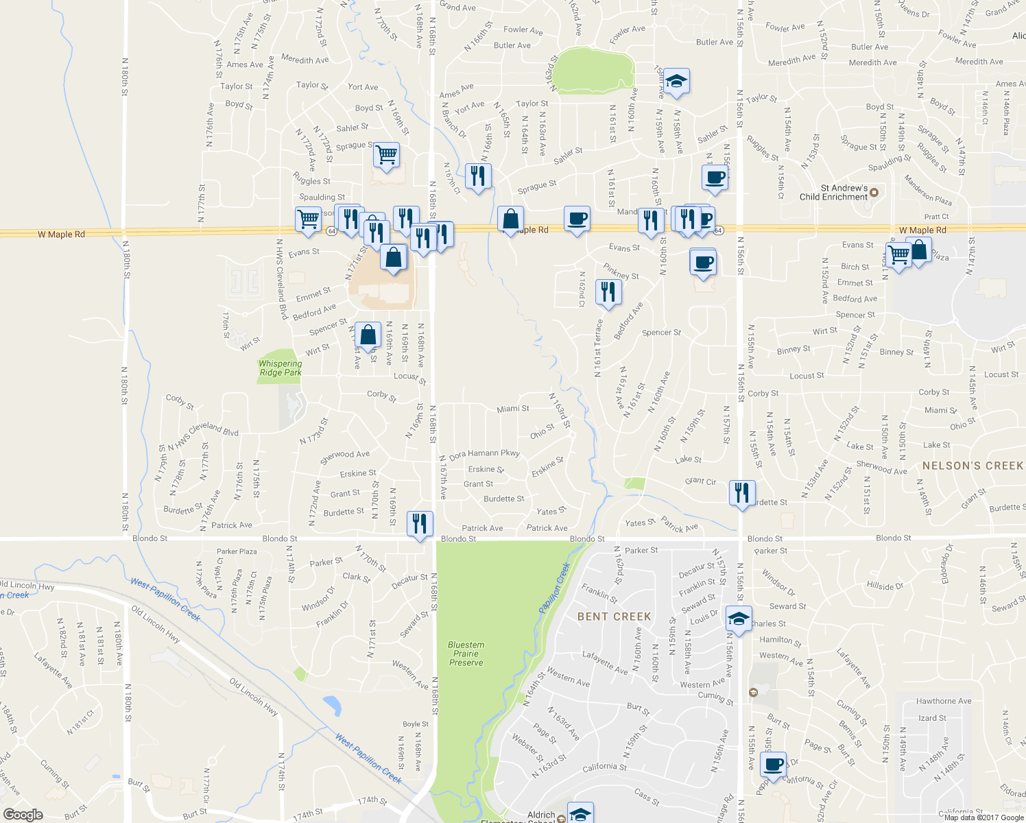 map of restaurants, bars, coffee shops, grocery stores, and more near 2626 North 165th Street in Omaha