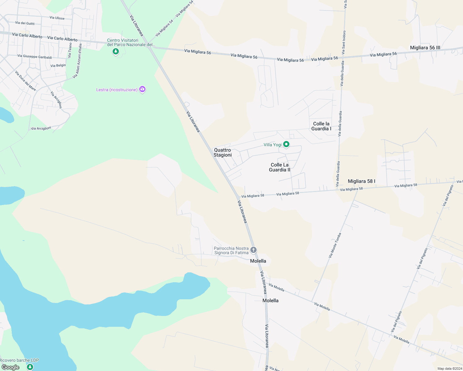 map of restaurants, bars, coffee shops, grocery stores, and more near 105 Via Litoranea in Provincia di Latina