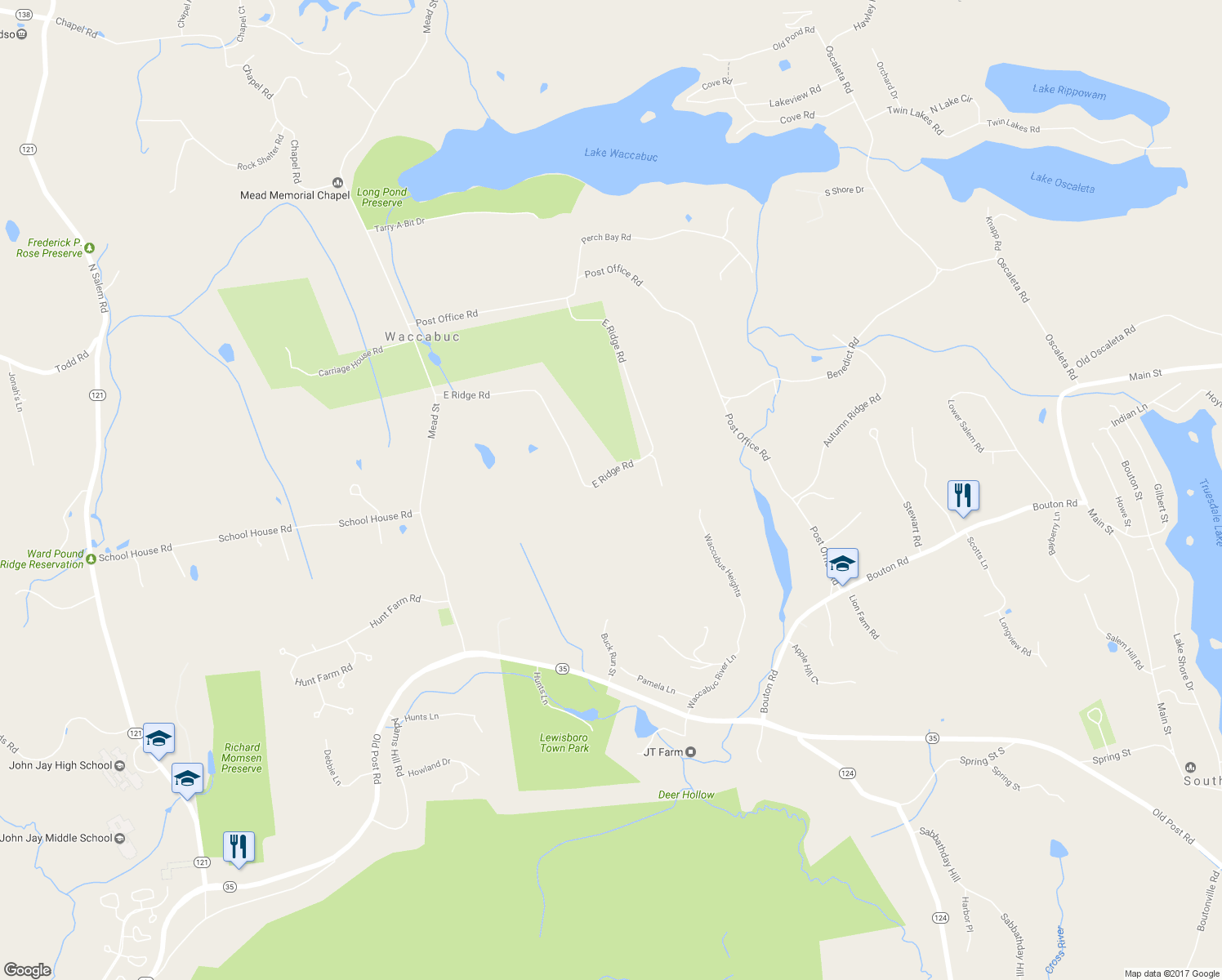 map of restaurants, bars, coffee shops, grocery stores, and more near 68 East Ridge Road in Waccabuc