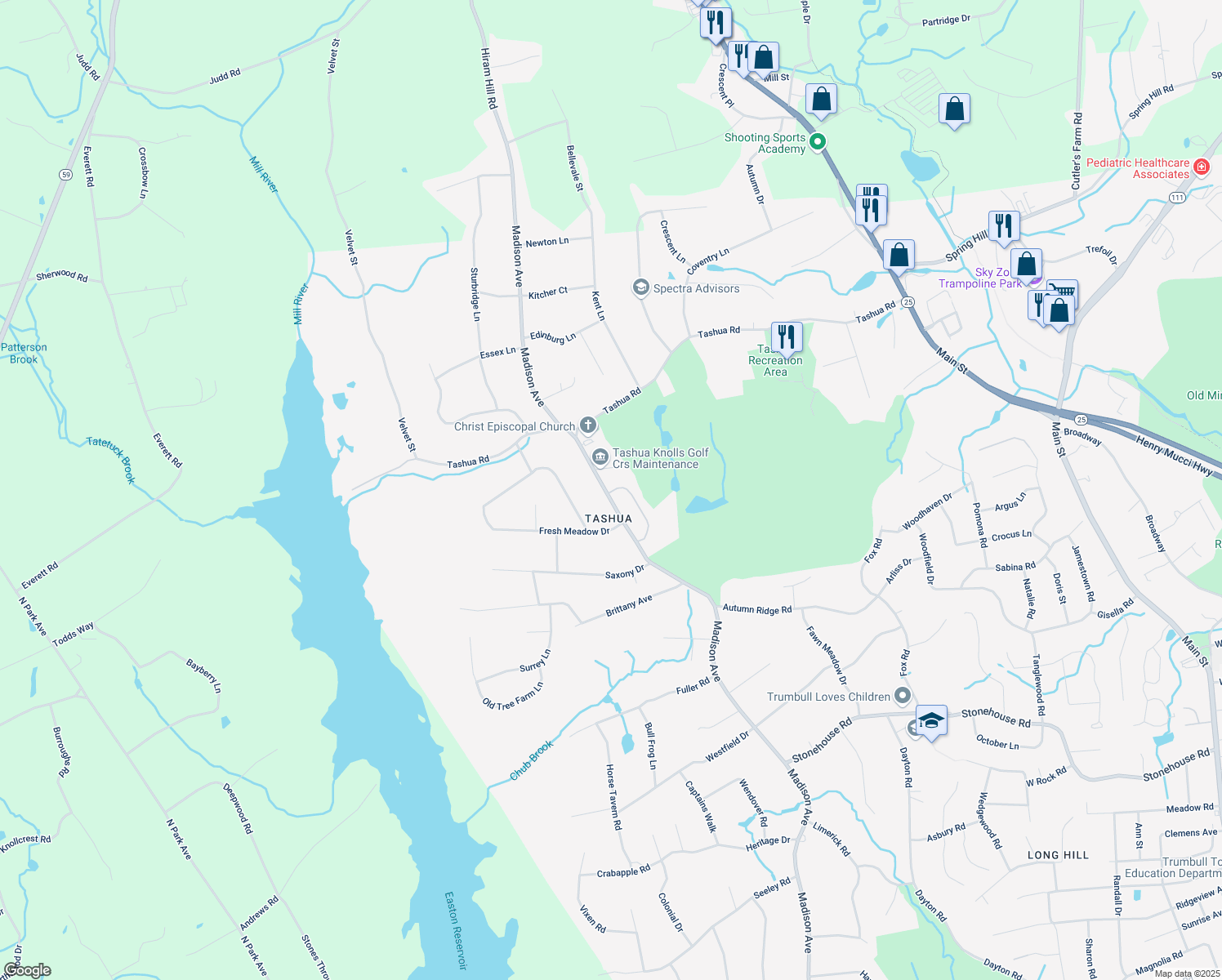 map of restaurants, bars, coffee shops, grocery stores, and more near 48 Farmstead Lane in Trumbull