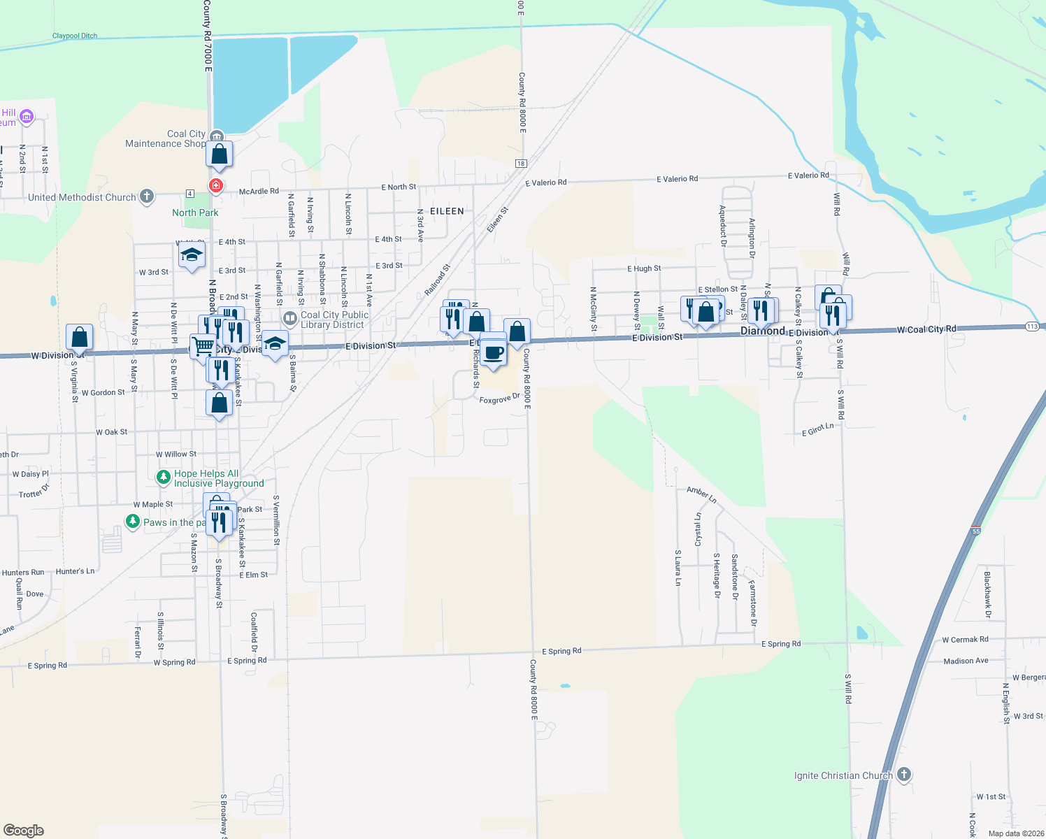 map of restaurants, bars, coffee shops, grocery stores, and more near 280 South Berta Road in Diamond