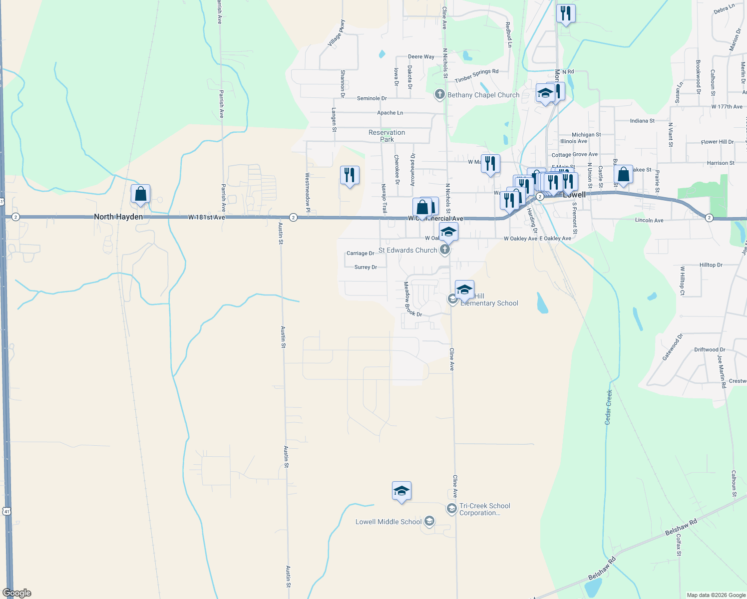 map of restaurants, bars, coffee shops, grocery stores, and more near 735 Coach Light Lane in Lowell