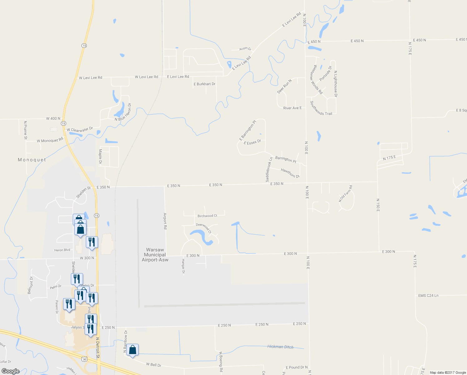 map of restaurants, bars, coffee shops, grocery stores, and more near 497 East 350 North in Warsaw