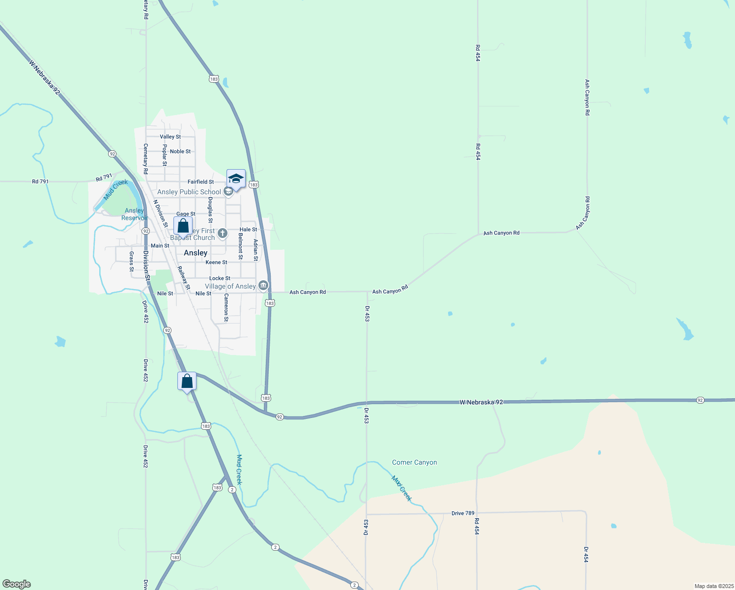 map of restaurants, bars, coffee shops, grocery stores, and more near Drive 453 in Ansley
