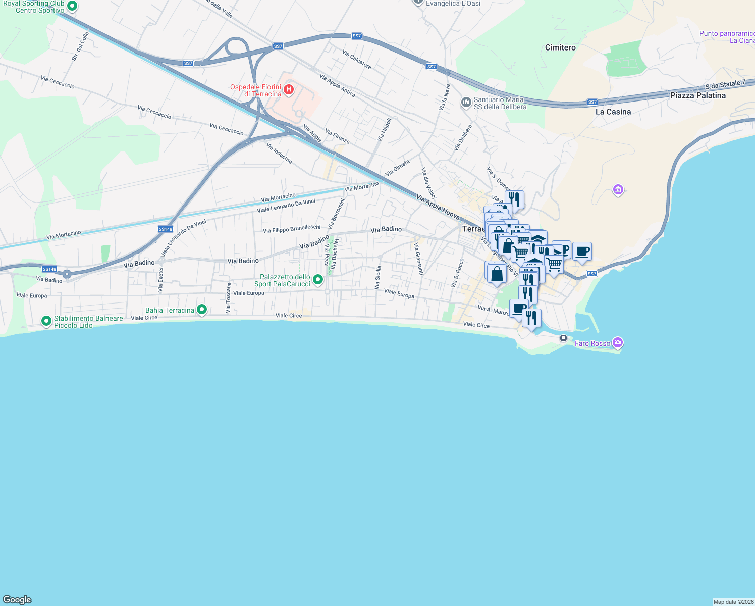 map of restaurants, bars, coffee shops, grocery stores, and more near 32B C Via Sicilia in Terracina