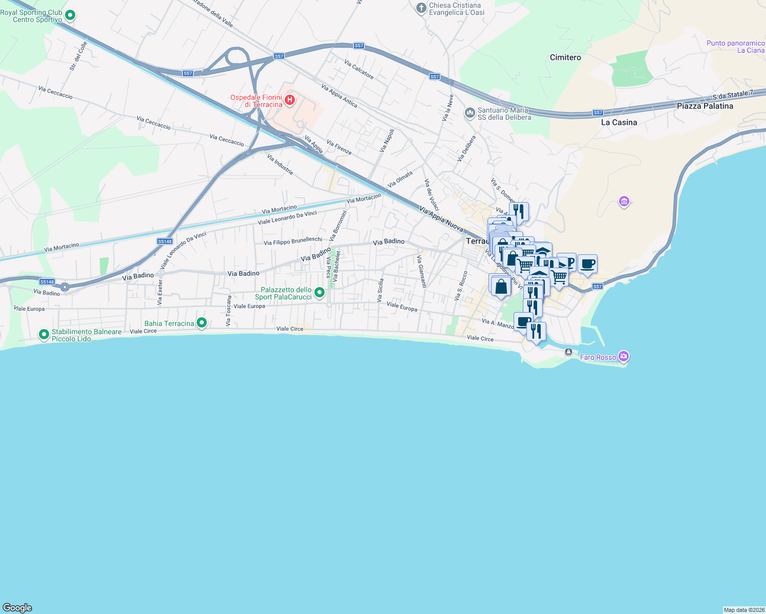 map of restaurants, bars, coffee shops, grocery stores, and more near 32B C Via Sicilia in Terracina