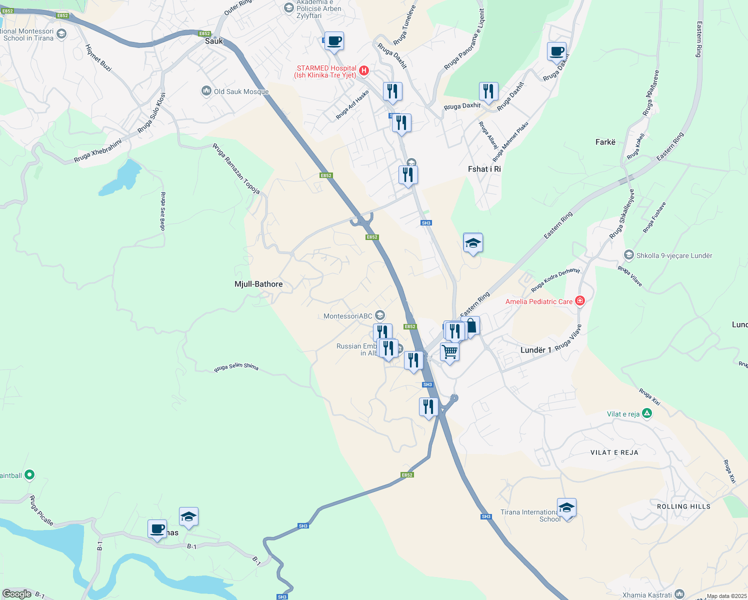 map of restaurants, bars, coffee shops, grocery stores, and more near Rruga Mehmet Husha in Mjull-Bathore