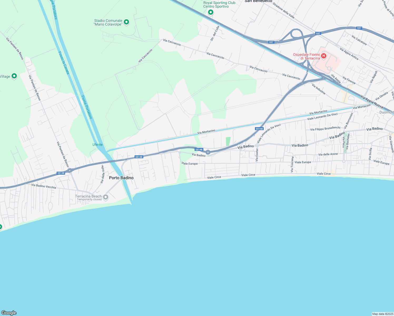 map of restaurants, bars, coffee shops, grocery stores, and more near 267 Viale Europa in Terracina