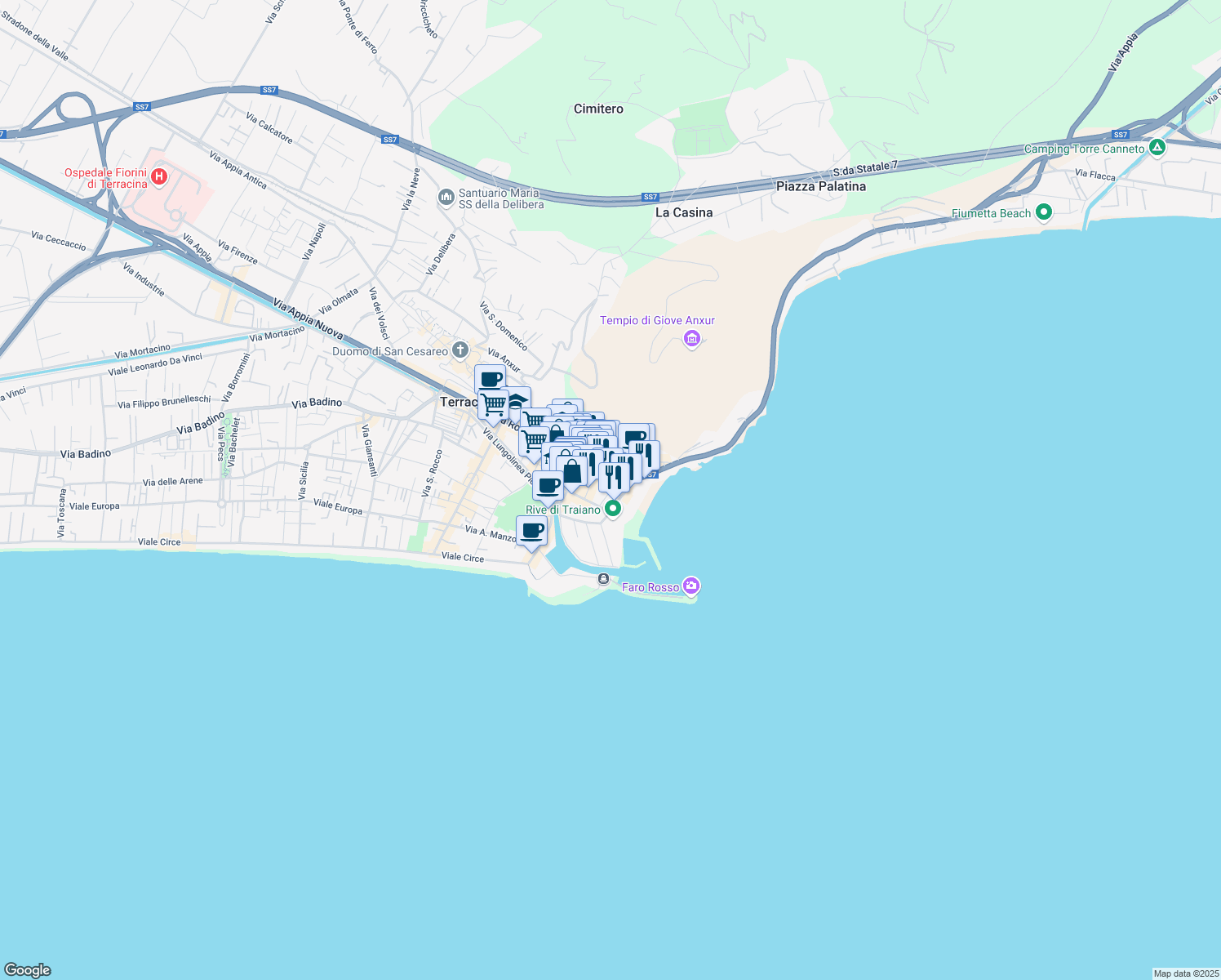 map of restaurants, bars, coffee shops, grocery stores, and more near 7 Via Guglielmo Marconi in Terracina