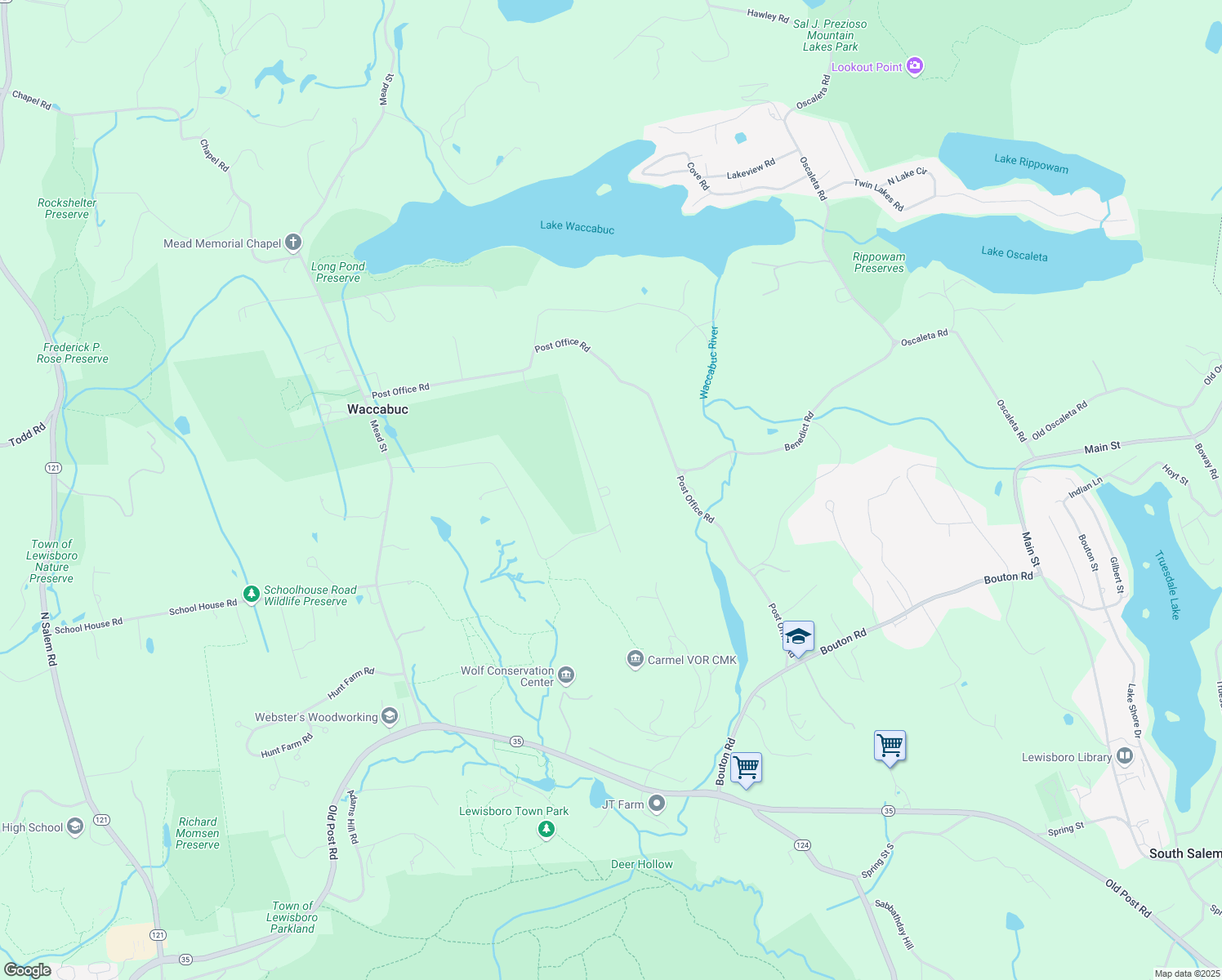 map of restaurants, bars, coffee shops, grocery stores, and more near 94 East Ridge Road in Waccabuc