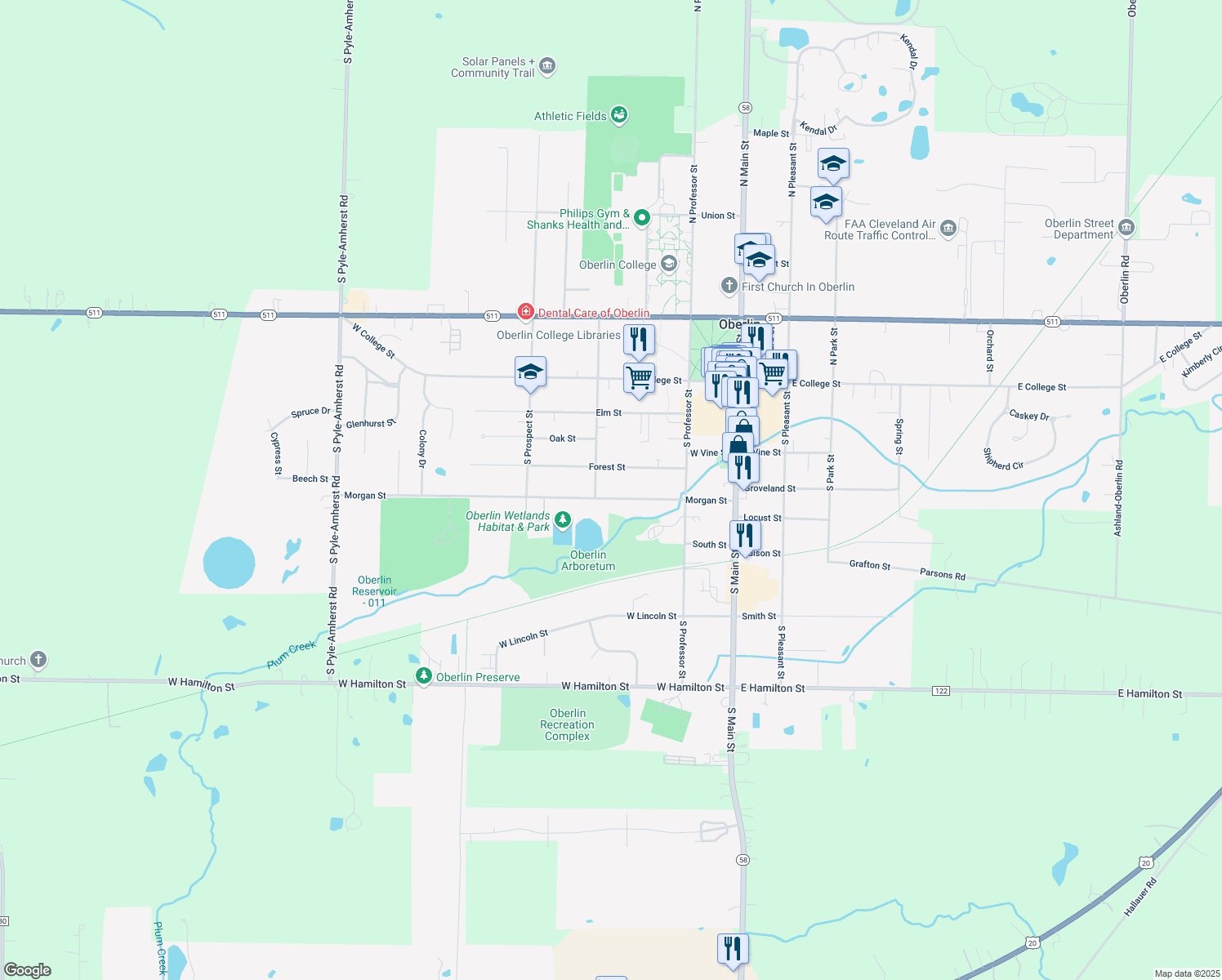 map of restaurants, bars, coffee shops, grocery stores, and more near 180 Morgan Street in Oberlin
