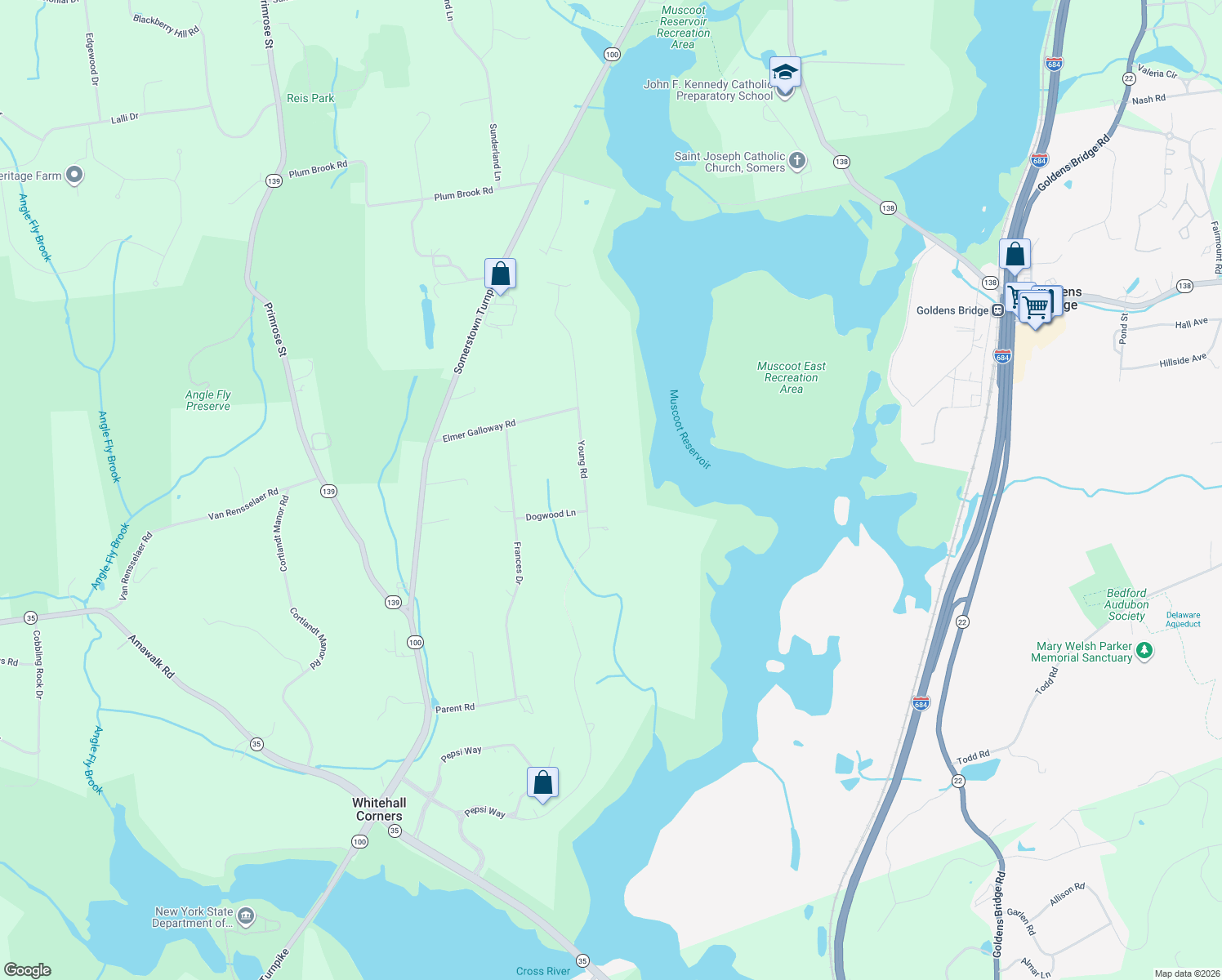 map of restaurants, bars, coffee shops, grocery stores, and more near 16 Young Road in Katonah
