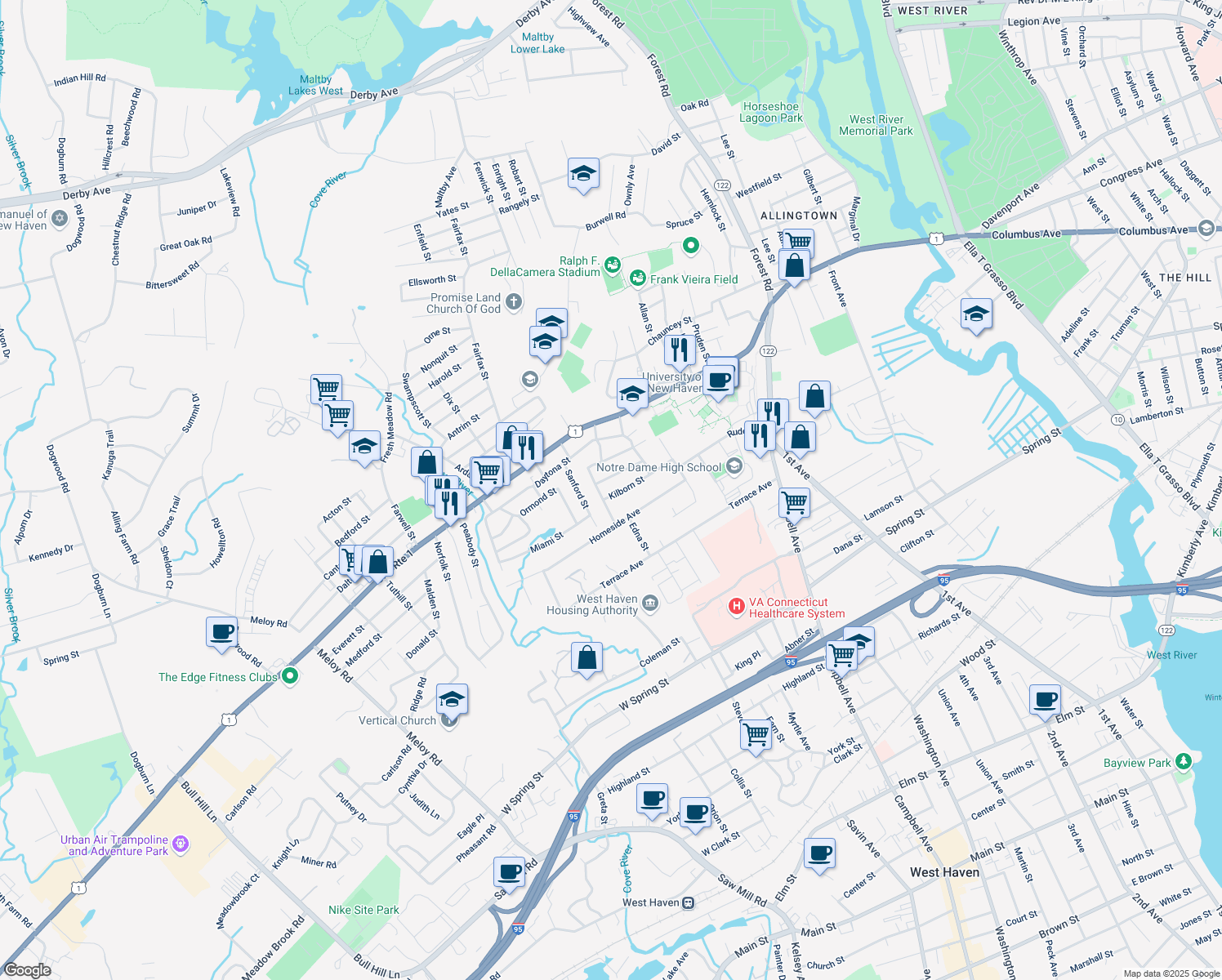 map of restaurants, bars, coffee shops, grocery stores, and more near 43 Kilborn Street in West Haven