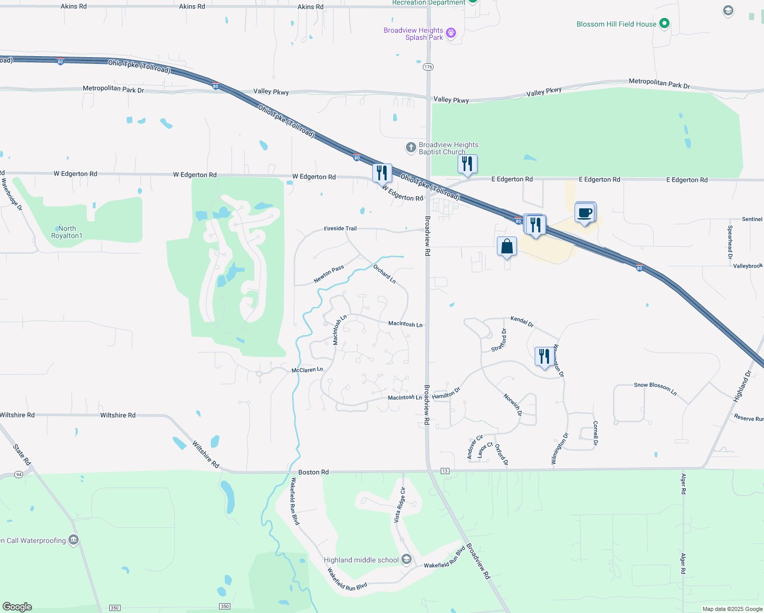 map of restaurants, bars, coffee shops, grocery stores, and more near 1316 Fieldstone Ct in Broadview Heights