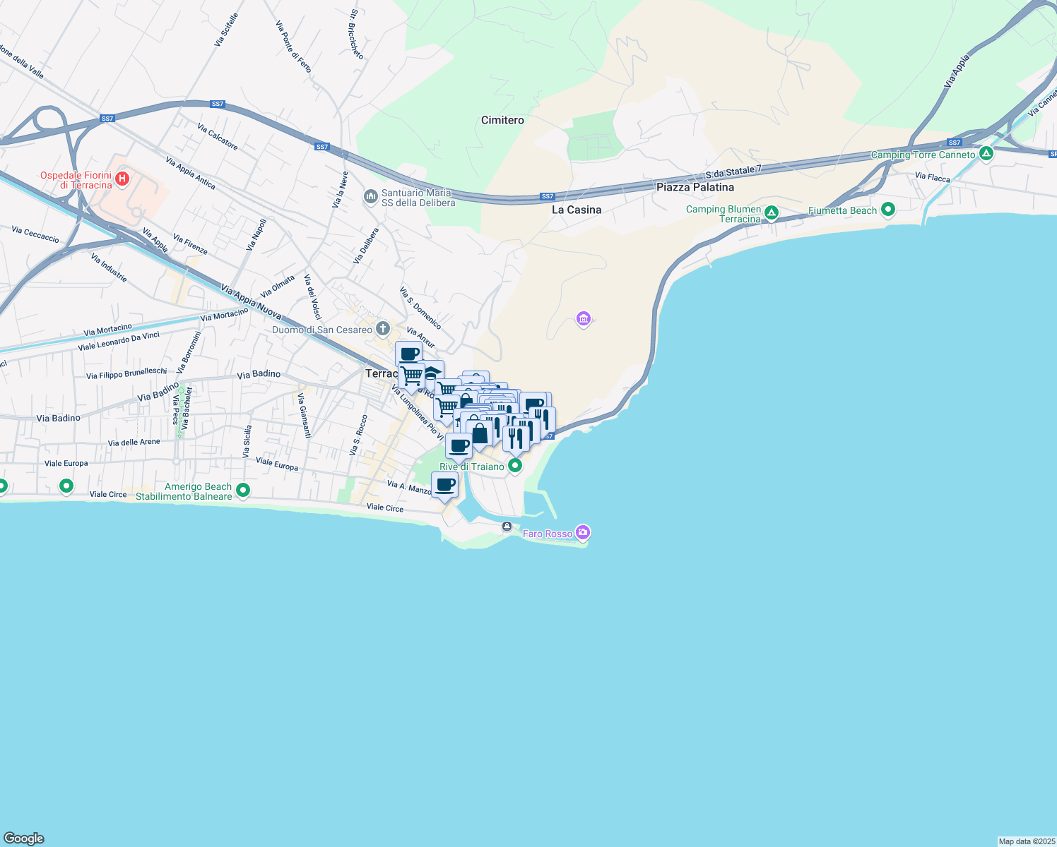 map of restaurants, bars, coffee shops, grocery stores, and more near 7 Via Guglielmo Marconi in Terracina