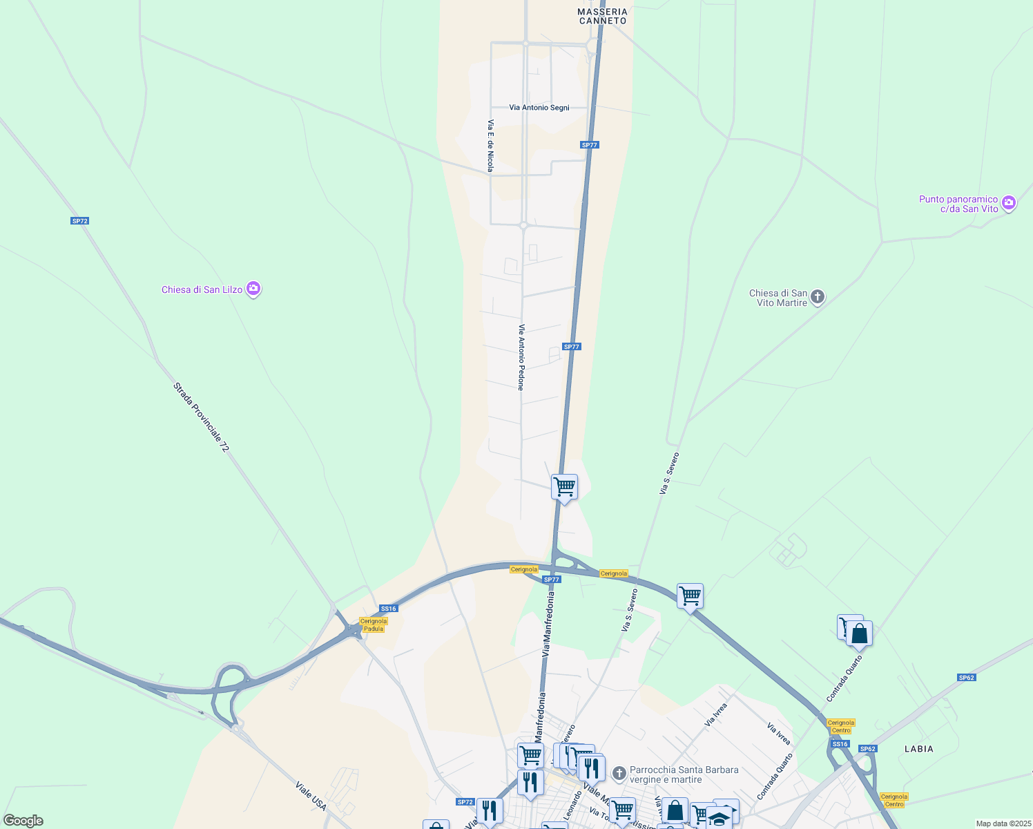 map of restaurants, bars, coffee shops, grocery stores, and more near 34 Via dei Maniscalchi in Provincia di Foggia
