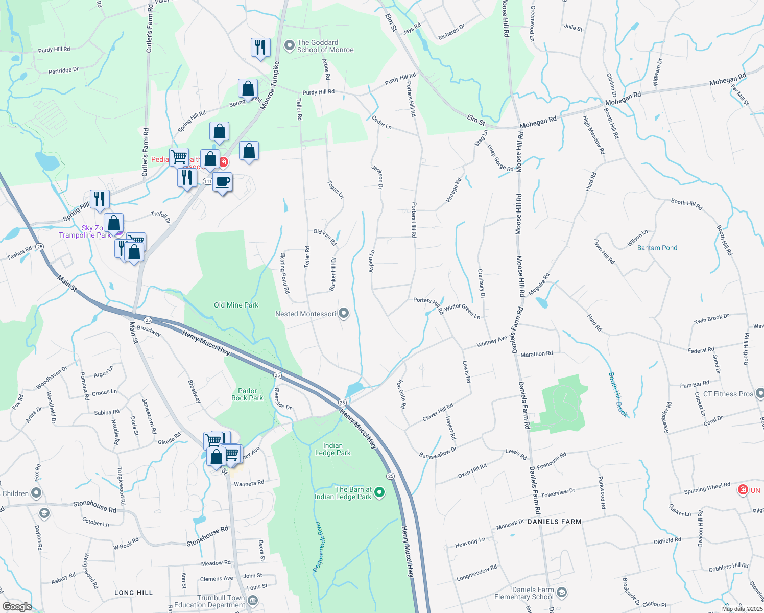 map of restaurants, bars, coffee shops, grocery stores, and more near 63 Aspen Ln in Trumbull