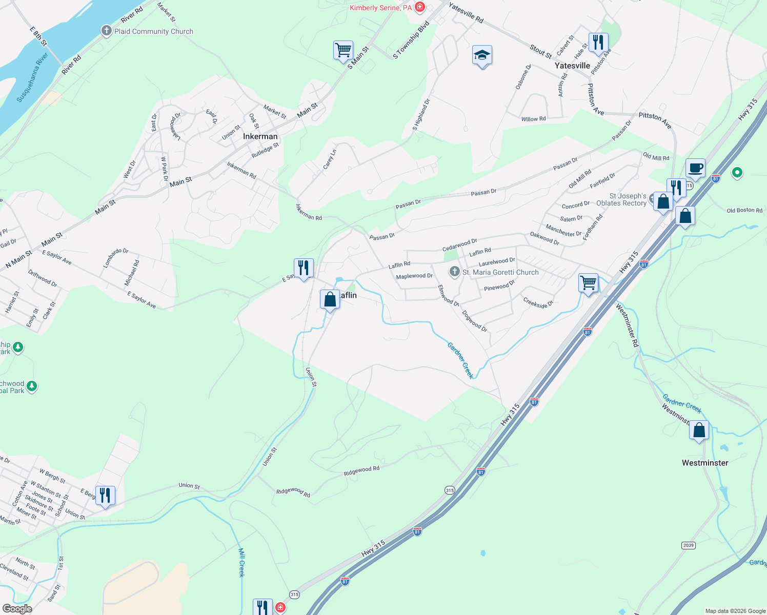 map of restaurants, bars, coffee shops, grocery stores, and more near 65-1/2 Market Street in Wilkes-Barre