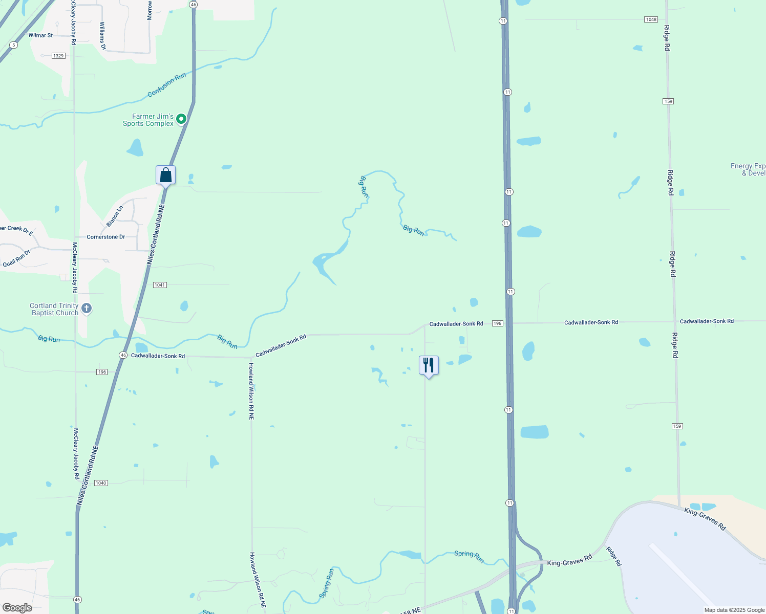 map of restaurants, bars, coffee shops, grocery stores, and more near 2917 Cadwallader-Sonk Road in Cortland