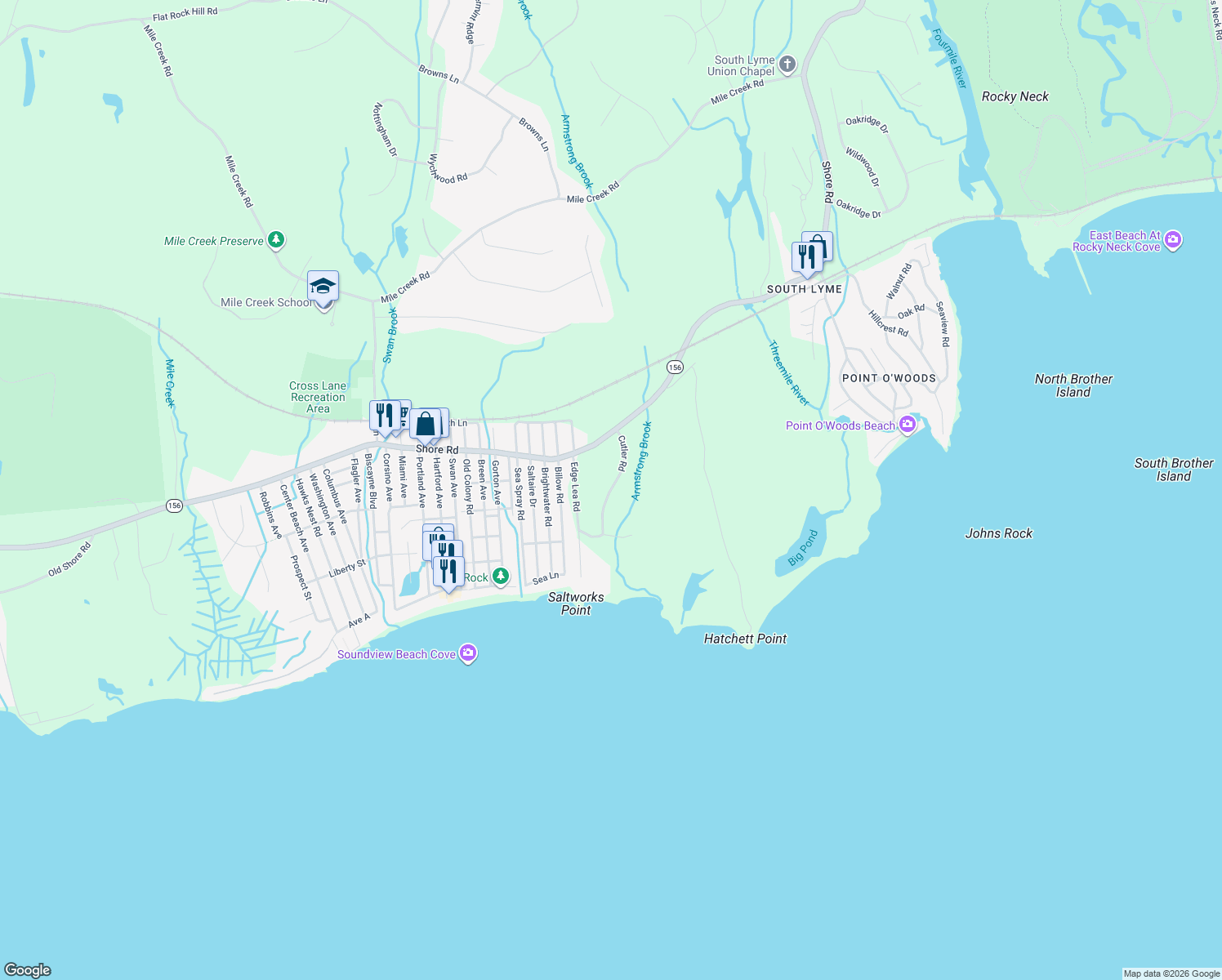 map of restaurants, bars, coffee shops, grocery stores, and more near 10 Cutler Road in Old Lyme