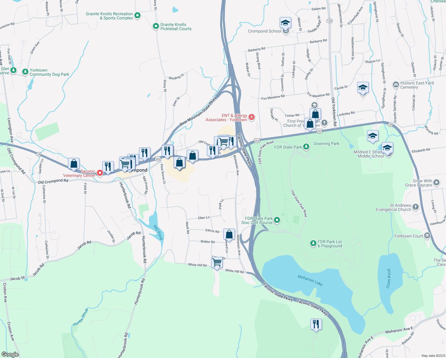 map of restaurants, bars, coffee shops, grocery stores, and more near 2469 Mohansic Avenue in Yorktown Heights