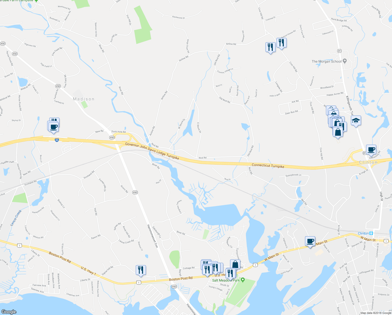 map of restaurants, bars, coffee shops, grocery stores, and more near 131 Nod Road in Clinton