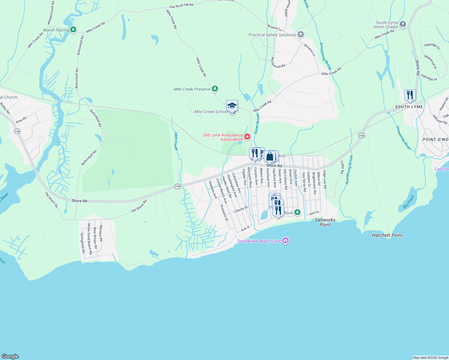 map of restaurants, bars, coffee shops, grocery stores, and more near 8 Hawks Nest Road in Old Lyme