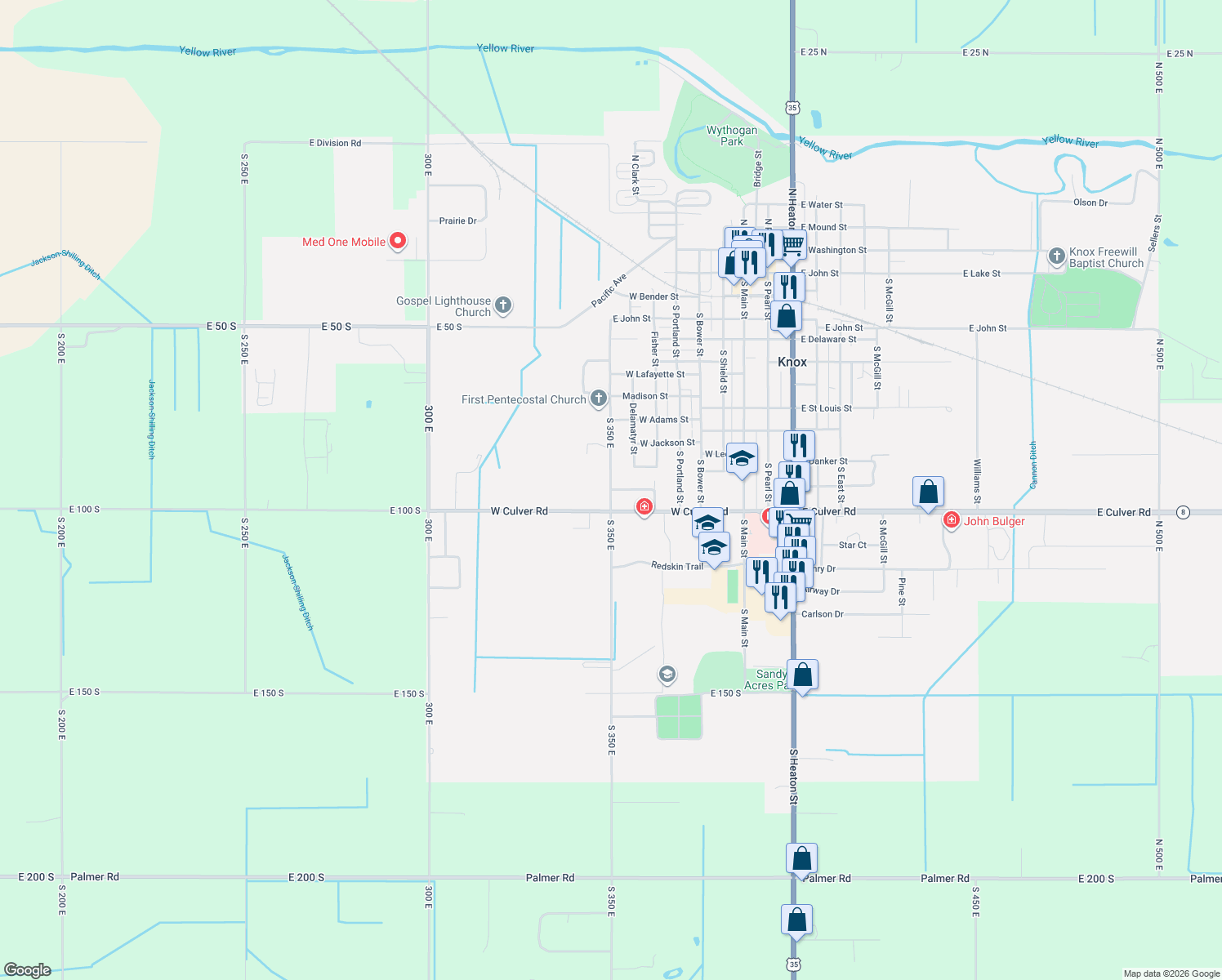 map of restaurants, bars, coffee shops, grocery stores, and more near 505 W Ellis St in Knox
