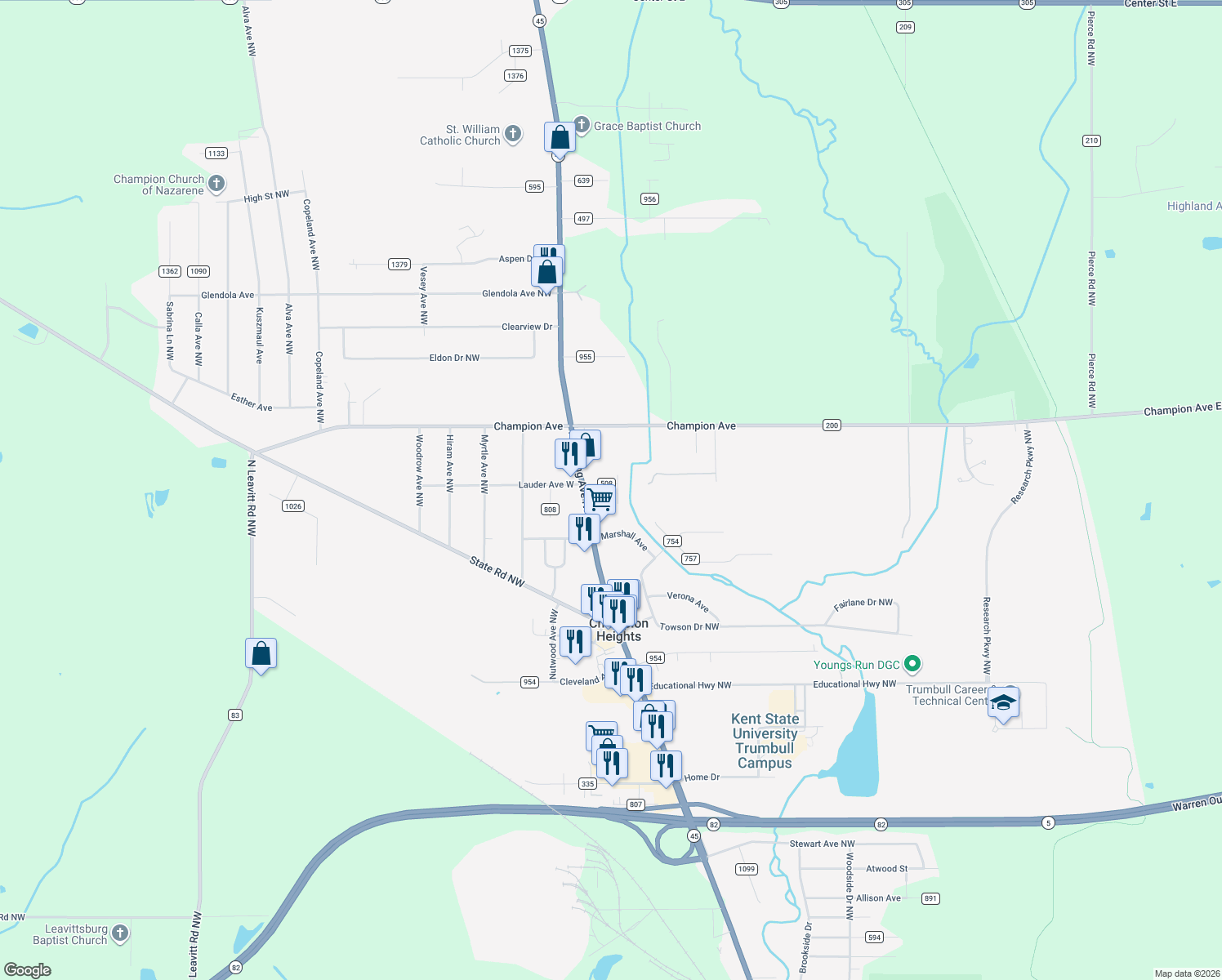 map of restaurants, bars, coffee shops, grocery stores, and more near 4877 Lynn PI Northwest in Warren