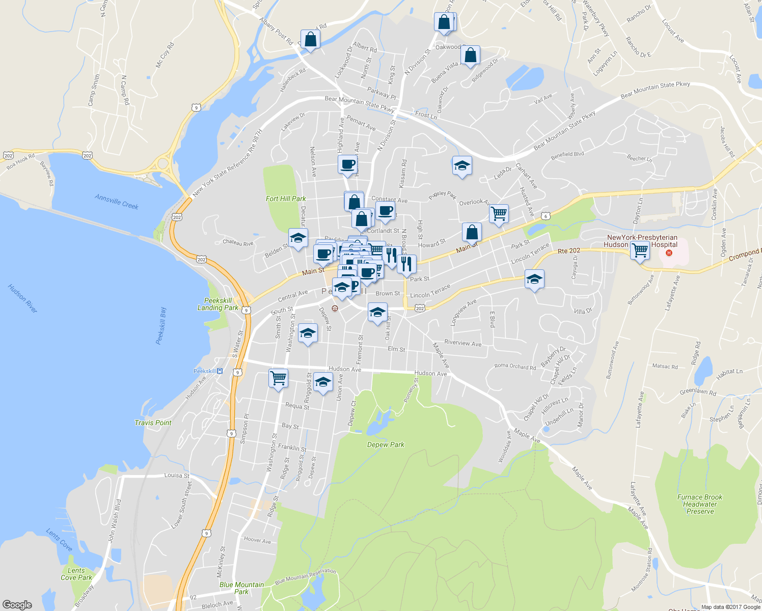 map of restaurants, bars, coffee shops, grocery stores, and more near 131 Crompond Road in Peekskill
