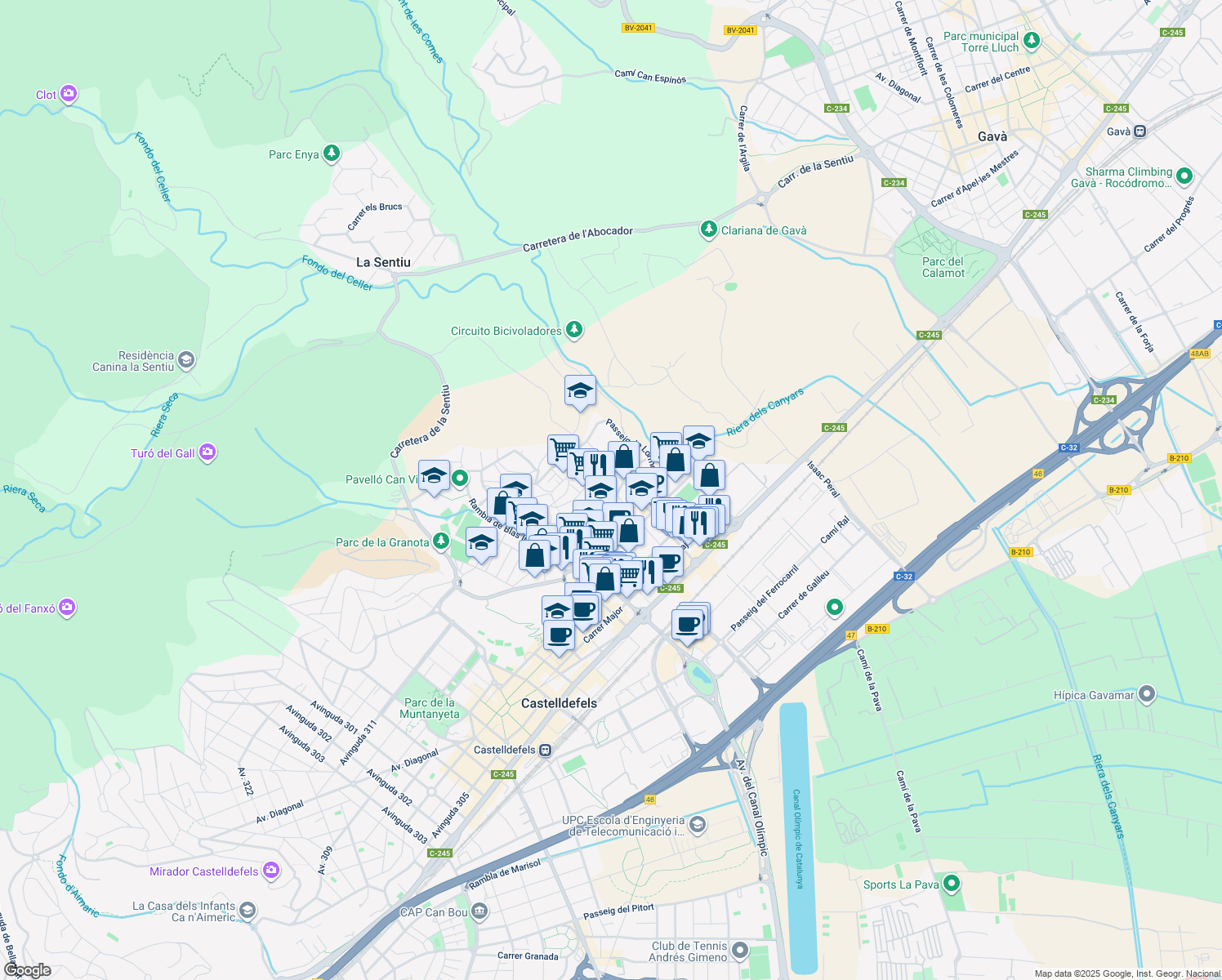 map of restaurants, bars, coffee shops, grocery stores, and more near in Castelldefels