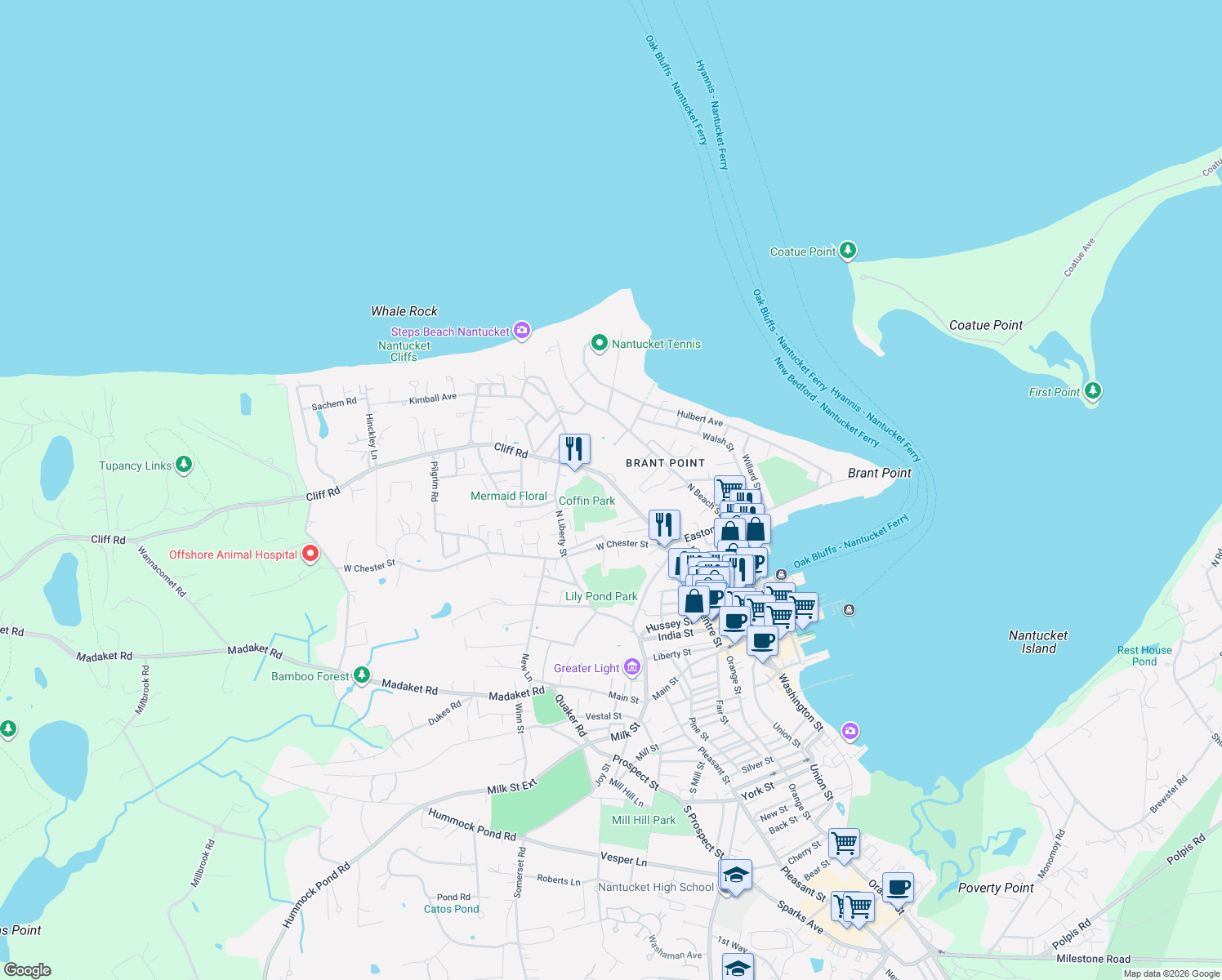 map of restaurants, bars, coffee shops, grocery stores, and more near 42 Cliff Road in Nantucket