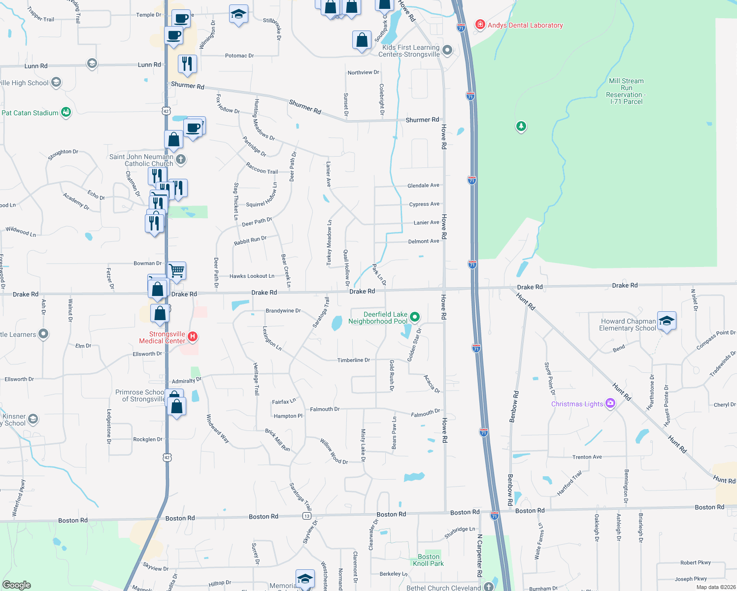 map of restaurants, bars, coffee shops, grocery stores, and more near 16725 Drake Rd in Strongsville