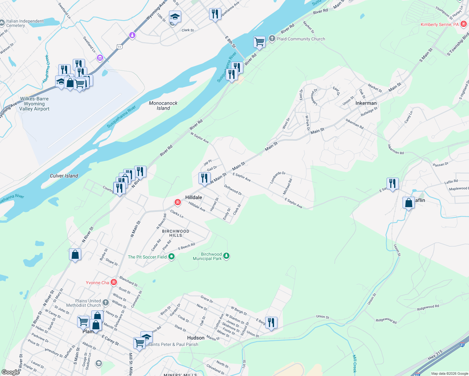 map of restaurants, bars, coffee shops, grocery stores, and more near 13 Driftwood Dr in Plains